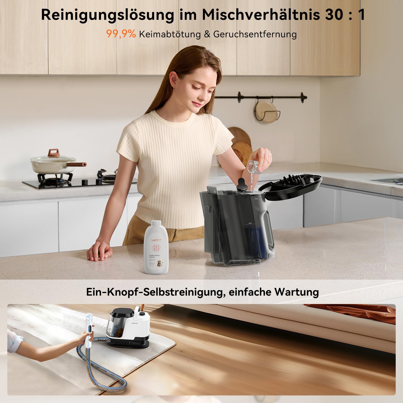 Uwant Y100 Steam Polsterreiniger Gerät, 3-in-1 Nasssauger für Sofa, Teppich und Auto mit 18KPA, 100°C Heißdampf, 65°C Heißwasser, Kaltwasser. Selbstreinigung, Multi-Bürstenkopf & 500ml Teppichreiniger