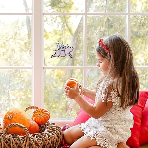 Miniatura 4 de BOXCASA Decoración de cerdo volador para los amantes de los cerdos, divertida decoración de fiesta de cerdo colgante de vitral, decoración de fiesta