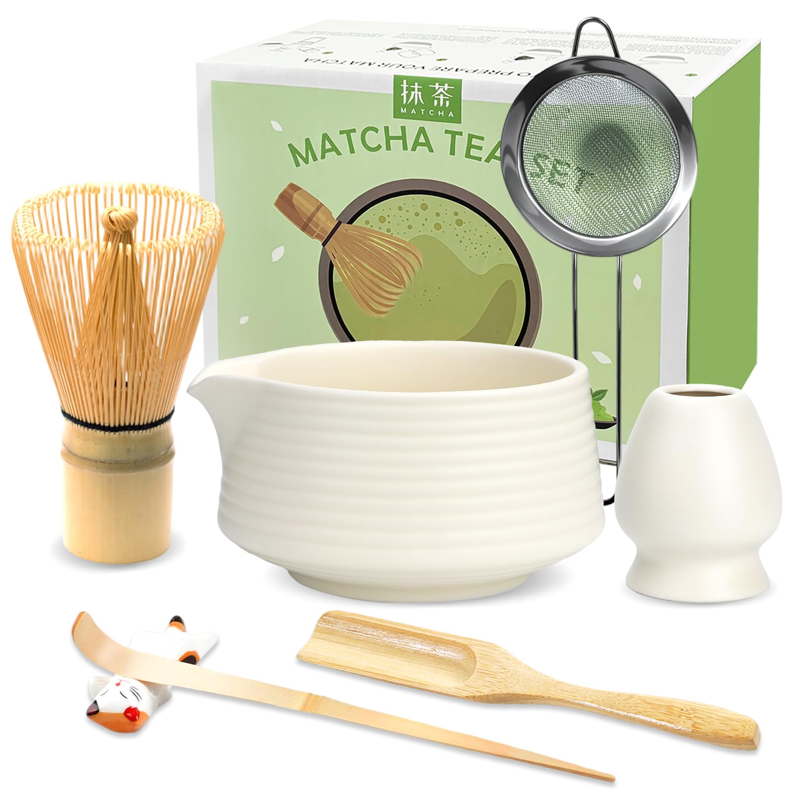 JBER Zestaw do matcha 7-Częściowy - Bambusowy mikser do matchy, ceramiczna miseczka z nalewką, sitko do matchy - Kompletny zestaw do herbaty matcha, Beżowy Biały