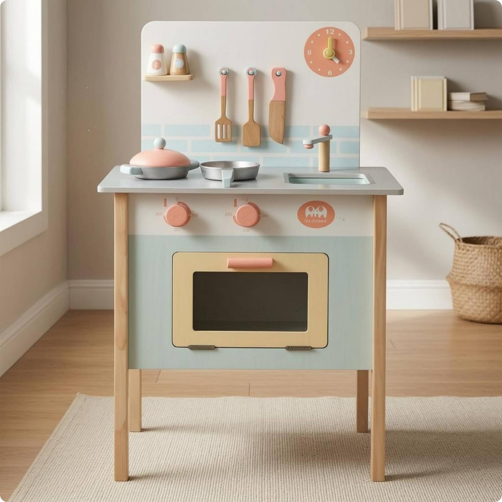 Spielküche Kinderküche Küchenmöbel Spielset Holz Herdplatte Spülbereich Ofentür Bedienknöpfe Regal Rückwand Kochgeschirr Und Besteck für Vorschule Familienbereich , Weiß