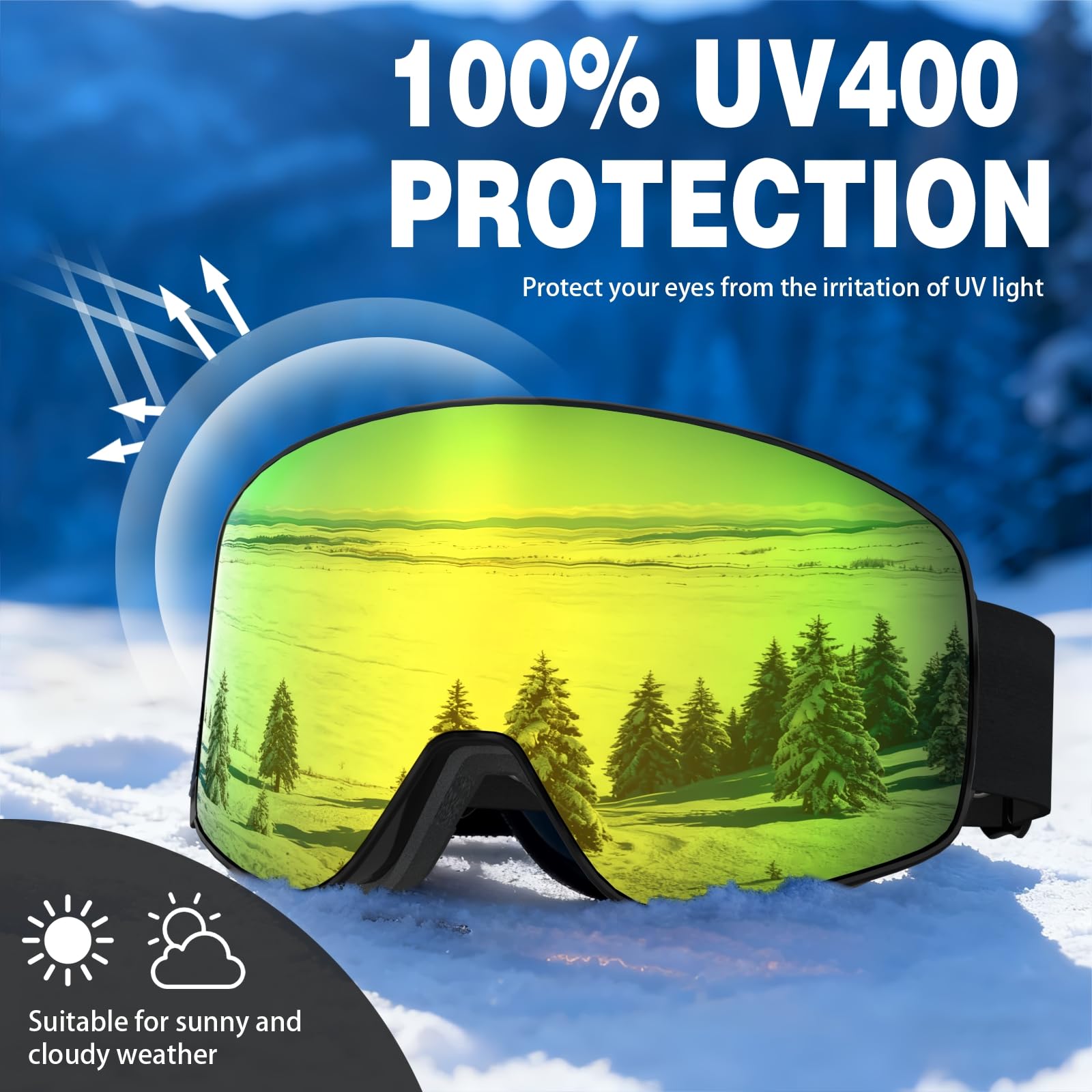 Occhiali da Sci con Magnetico Lenti Intercambiabili,YH212 Maschera da Sci OTG per Unisex Anti-UV400 Anti Nebbia Antipolvere Antivento Occhiali da Neve per Ski Ciclismo Moto