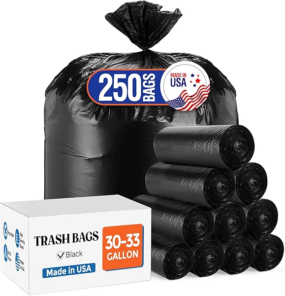Delxo 30-33 Gallon Black Trash Bags, 250 Count – Medium Duty Garbage Bags, Thick, Durable & Puncture-Resistant Plastic Bolsas para basura, Perforated Design– Made in USA for Kitchen, Yard, Office