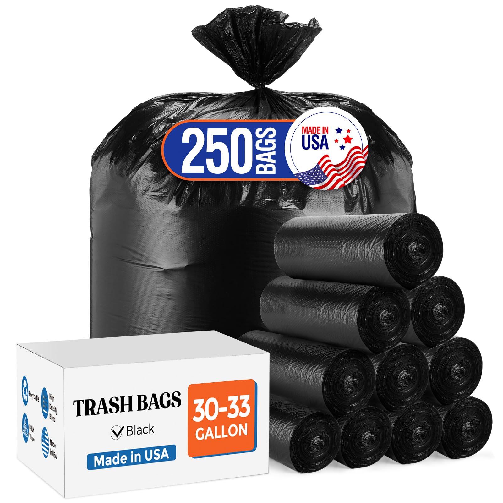 Delxo 30-33 Gallon Trash Bags 250 Count Medium Duty Garbage Bags Thick Durable Puncture-Resistant Plastic Bolsas para basura