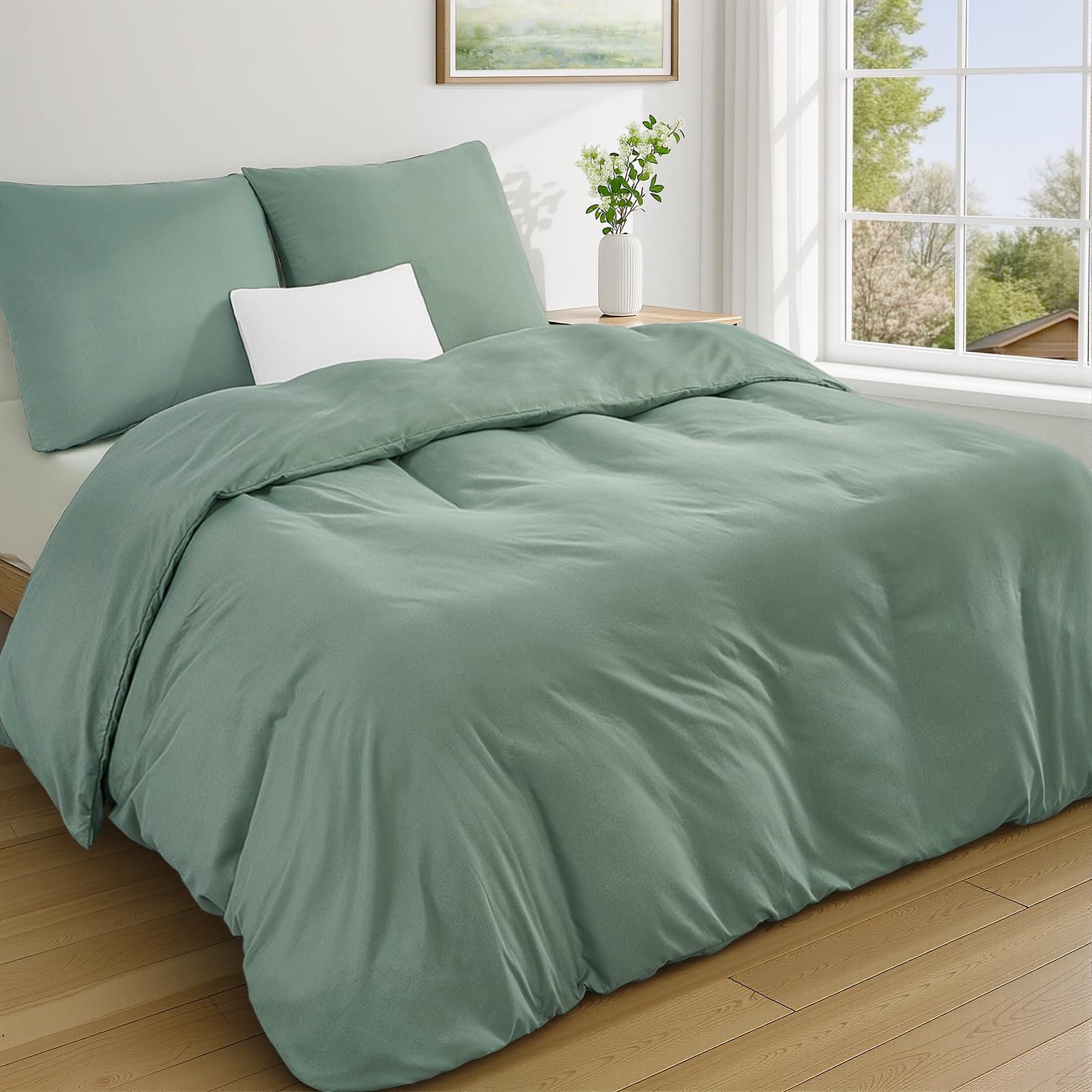 Duvetnova Super King Size Duvet Cover Sets Sage Green OEKO-TEX Ultra Soft Brushed Microfiber Bedding Set with Zipper Closure 260x220cm with 2 Pillow Cases All Season โ image 1