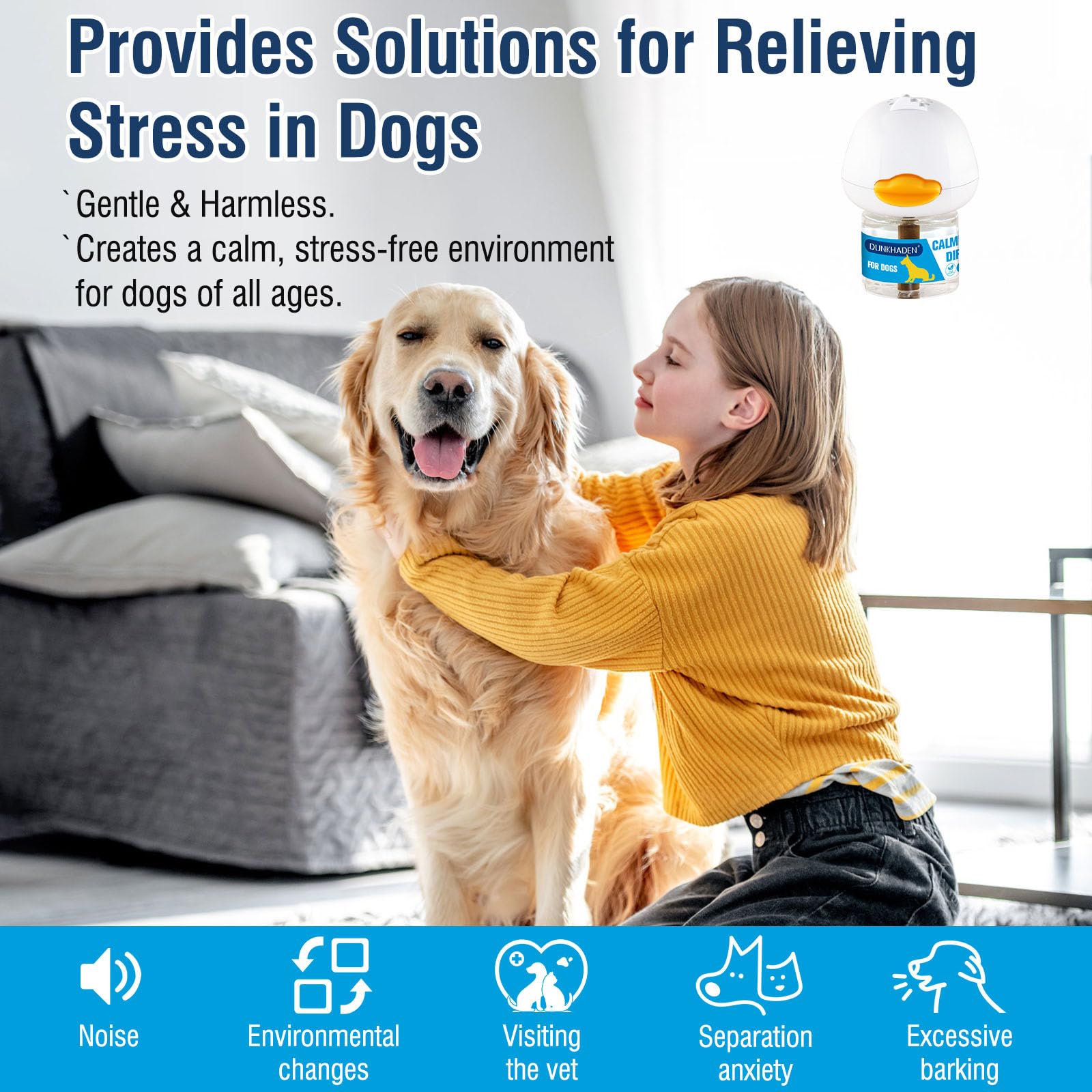 Difusor de feromonas calmante para Perros para aliviar la ansiedad, Reducir los ladridos, los ataques y Combatir el estrés y difusor calmante 3 en 1 para Perros, 48 ml, 2 recambios para