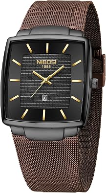 NIBOSI Mens Analog Watch, Square Dial Mesh Strap, Date Display | 100 FT Waterproof, Fashion Casual Sports Business Classic Dress Quartz Wrist Watches for Men