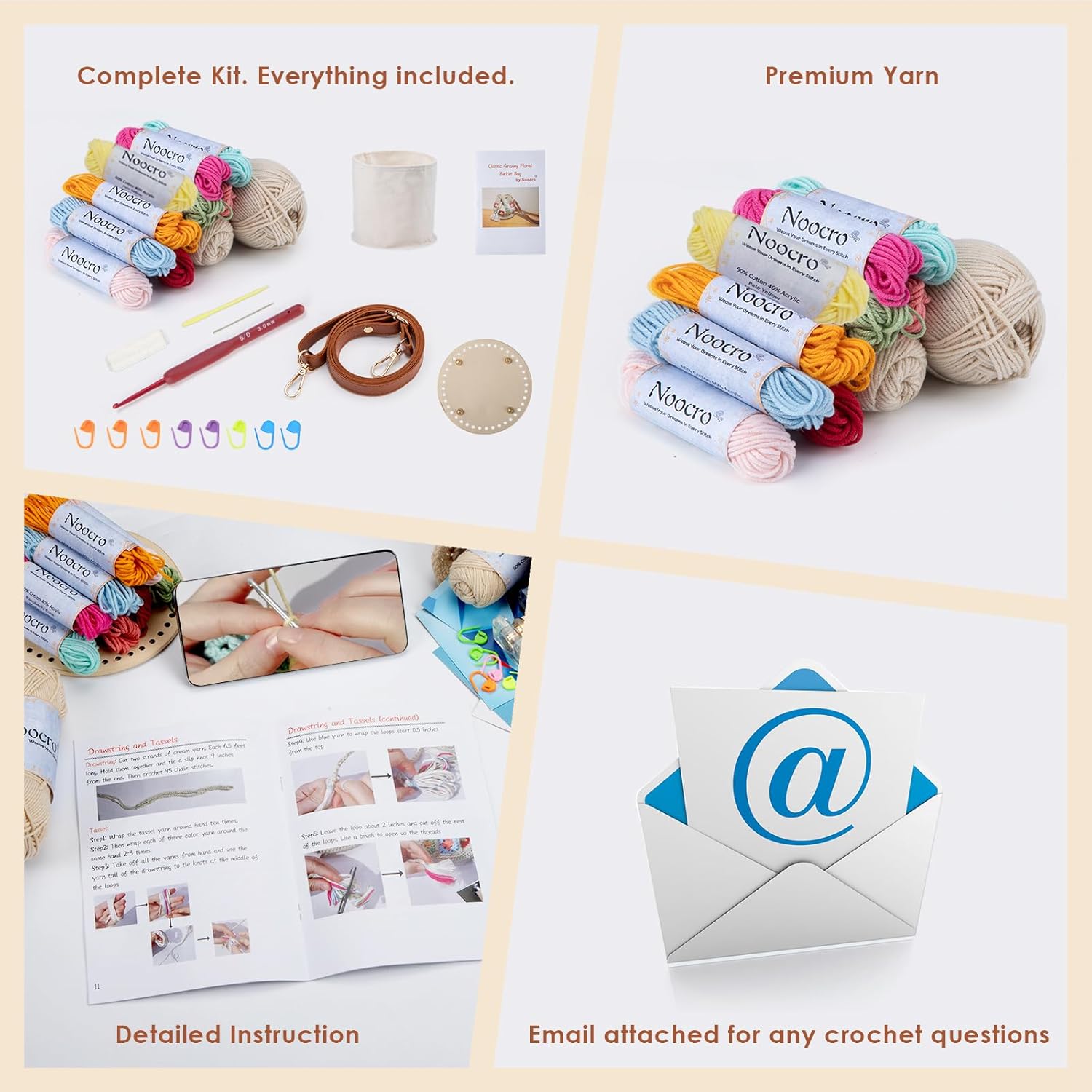 Noocro Crochet Kit for Advanced or Intermediate Beginner DIY Granny Square Bucket Bag, Purse, with Step by Step Tutorial Video and Detailed Instruction Complete Kit Craft Supplies Holiday Gift