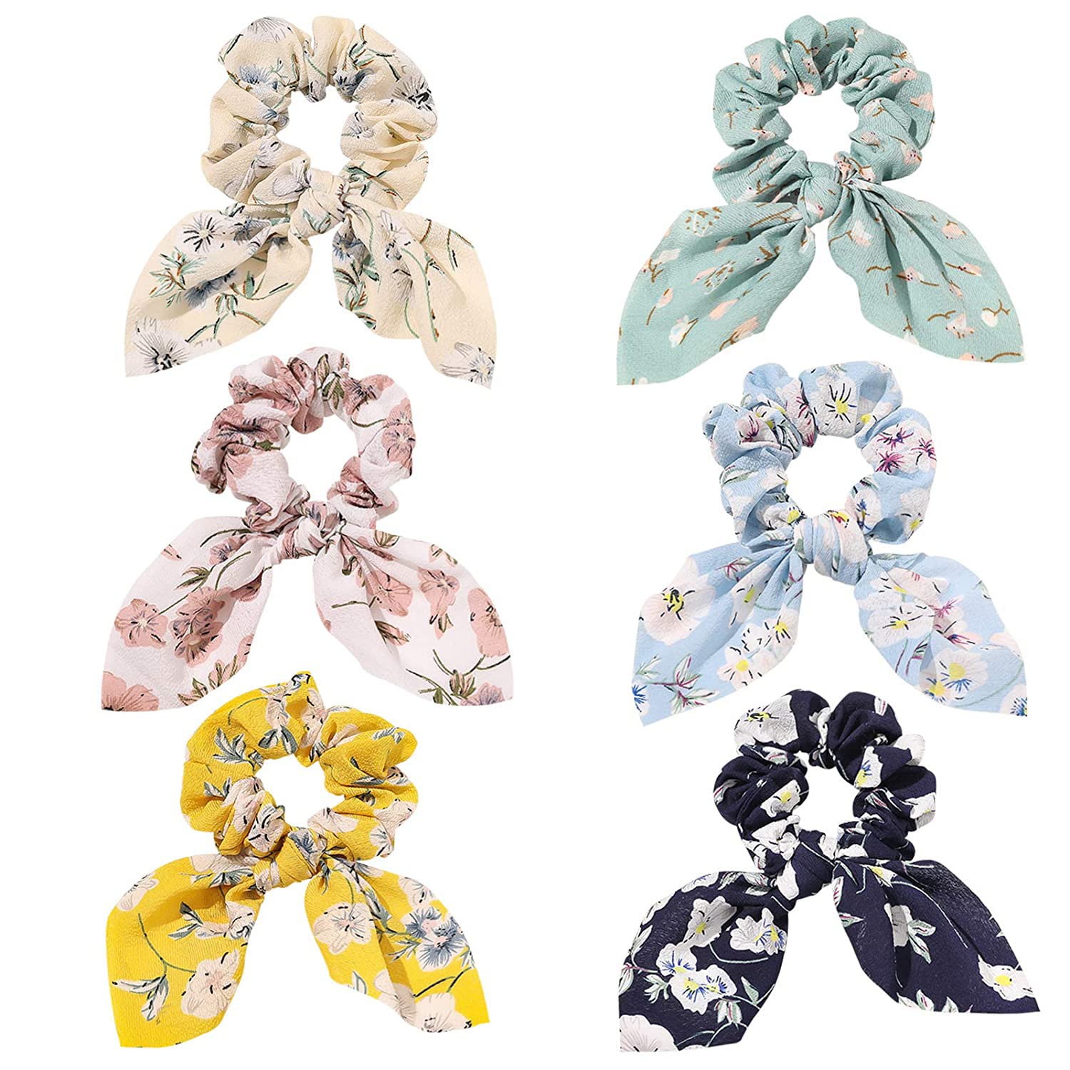 Bow Scrunchies, 6 Pcs Bowknot Hair Scrunchies Super Soft Silk Scarf Hair Ties 2 in 1 Design Solid Colors Scrunchie with Hair Scrunchy Accessories Ropes for Women