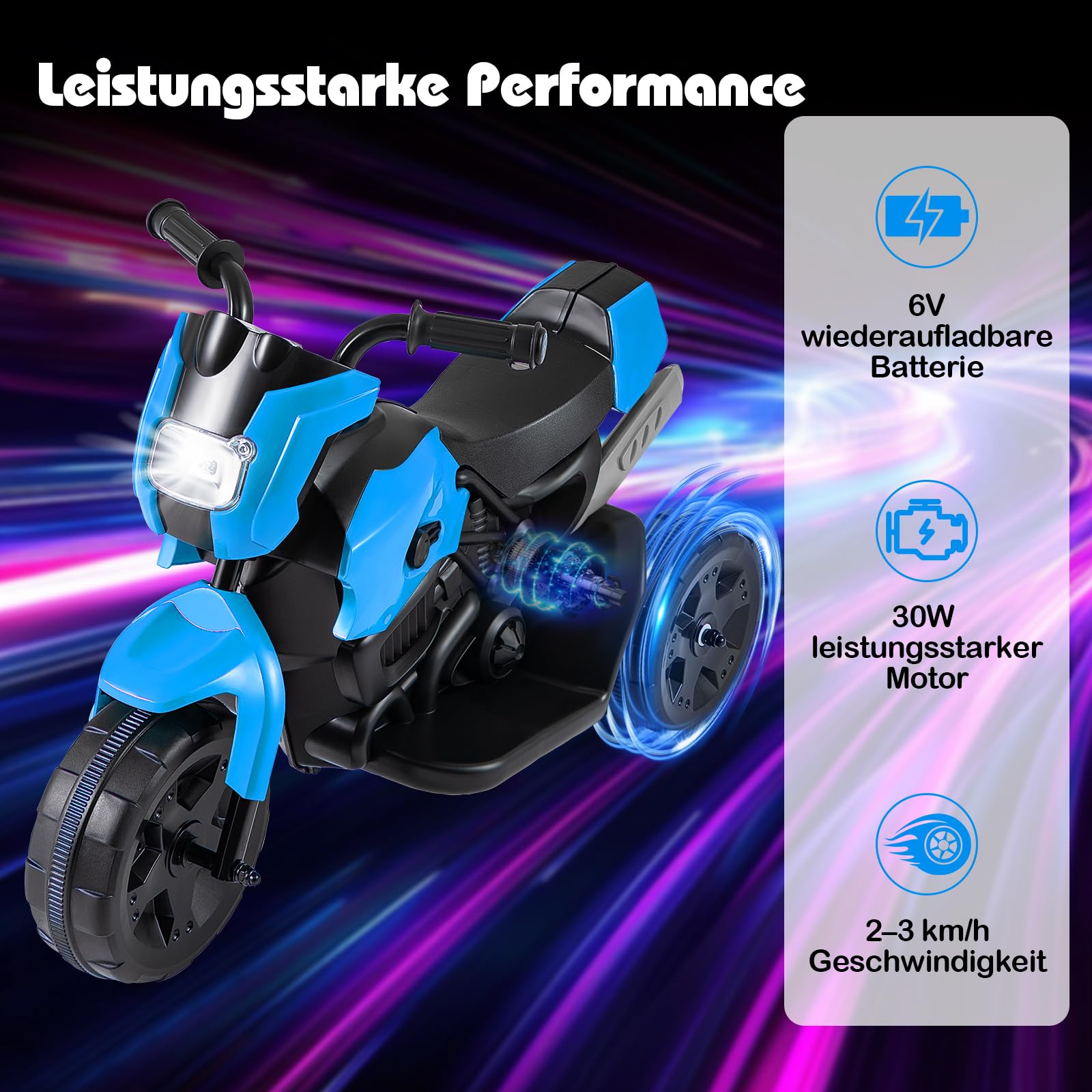DREAMADE 6V Kinder Motorrad, Elektromotorrad mit 3 stabilen Rädern & LED-Scheinwerfer & Fußpedal, Elektrisches Motorrad für Kinder ab 3 Jahren (Blau)