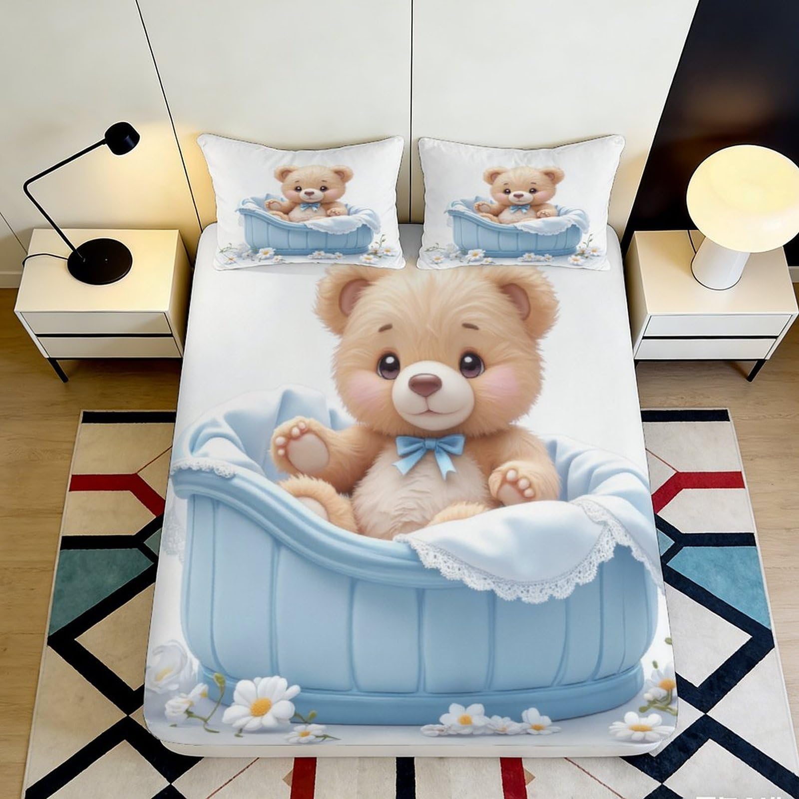 3D Printed Cute Teddy Bear Fitted Sheet Microfiber Soft Blue Cartoon Bed Cover for Bedroom Guest Room Decor 90x200x25cm