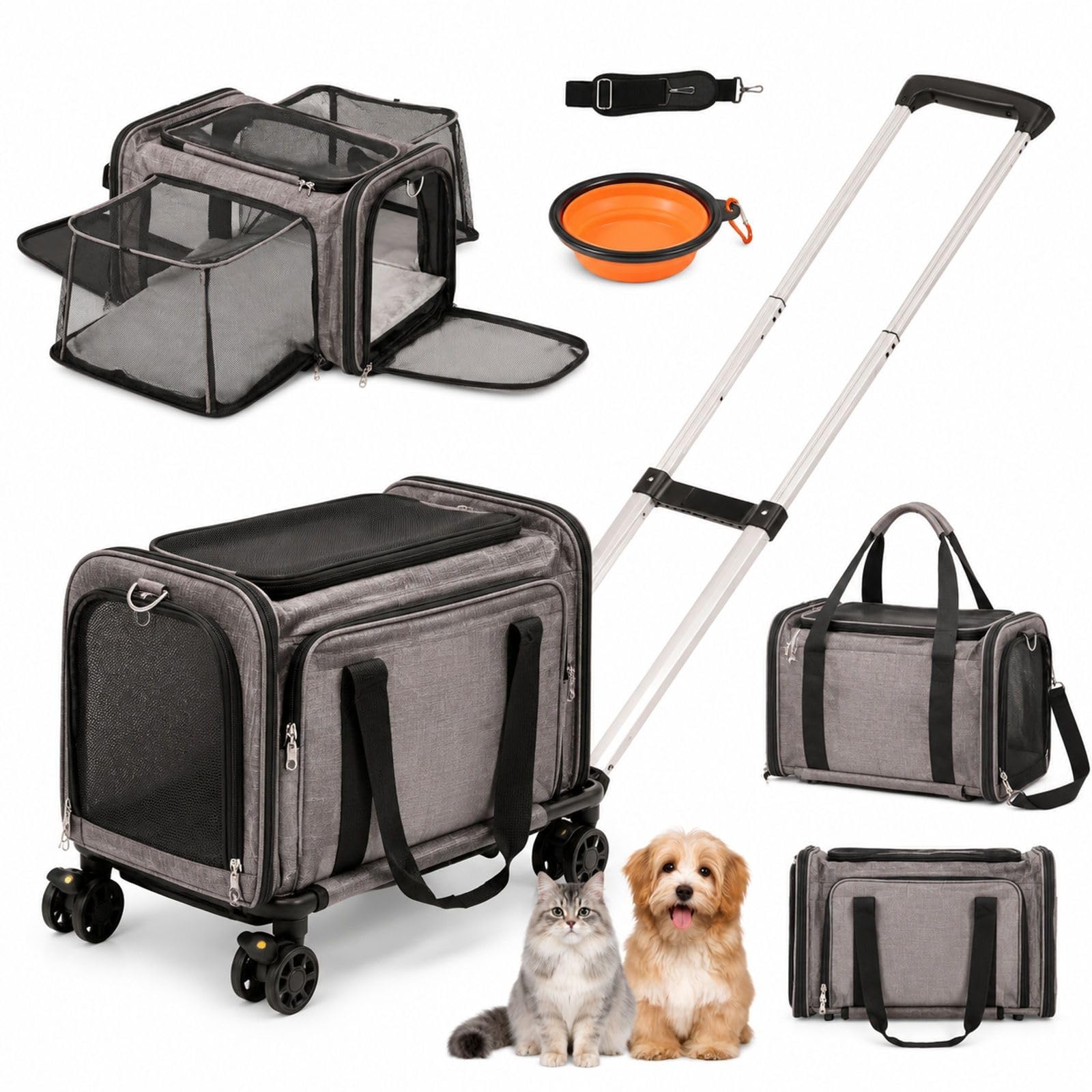Sac de Transport à roulettes pour Chat et Chien 11,3 kg, Gris, poignée télescopique, bandoulière, gamelle Pliable, Fermeture éclair autobloquante, pour Voyage et Sortie