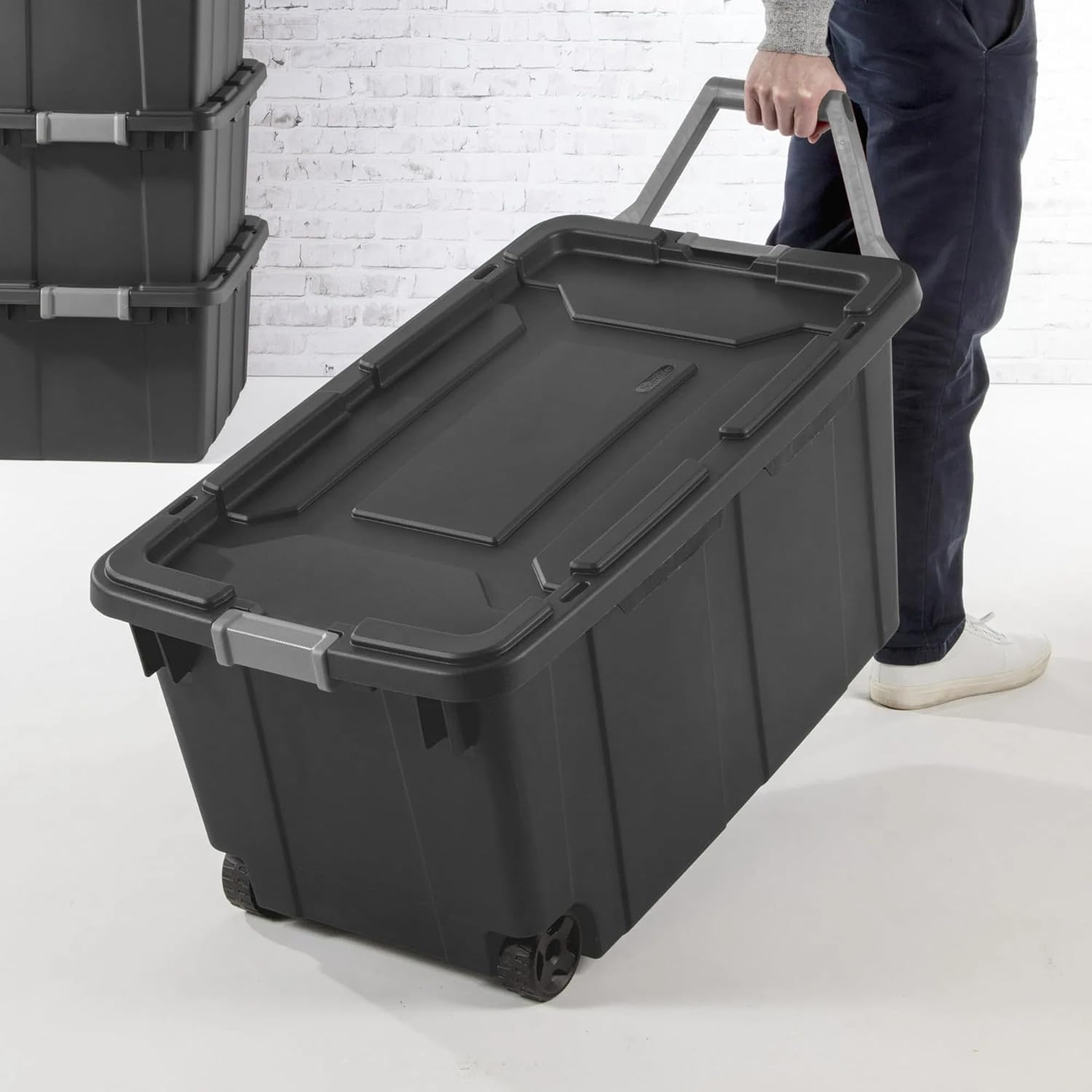 Modern Plastic & Metal 40 Gallon Lidded Home Storage Bins, Stackable Industrial Storage Containers Tote, Organizing Tote Tub Box with Wheeled, Moving Boxes, Set of 2, (Gray)
