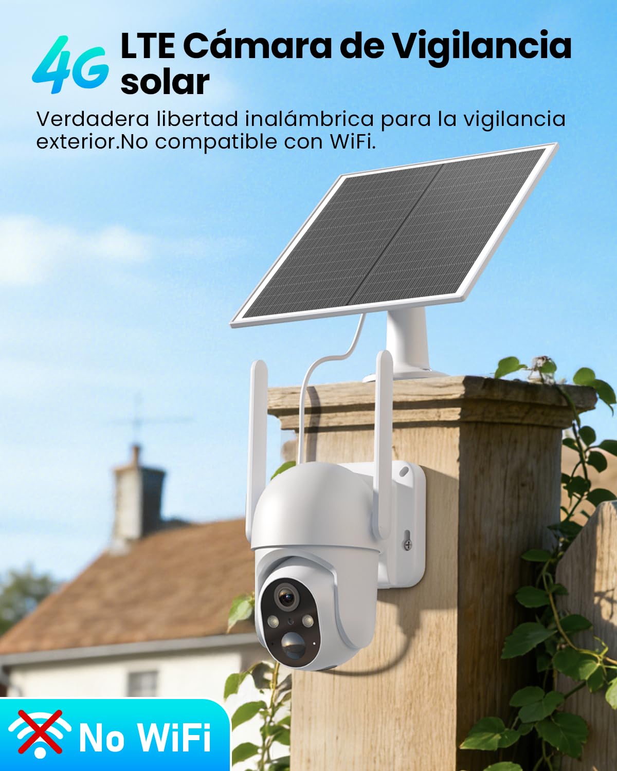 Cámara de vigilancia solar PESAIR 4G LTE 2K con visión nocturna a color y audio bidireccional.