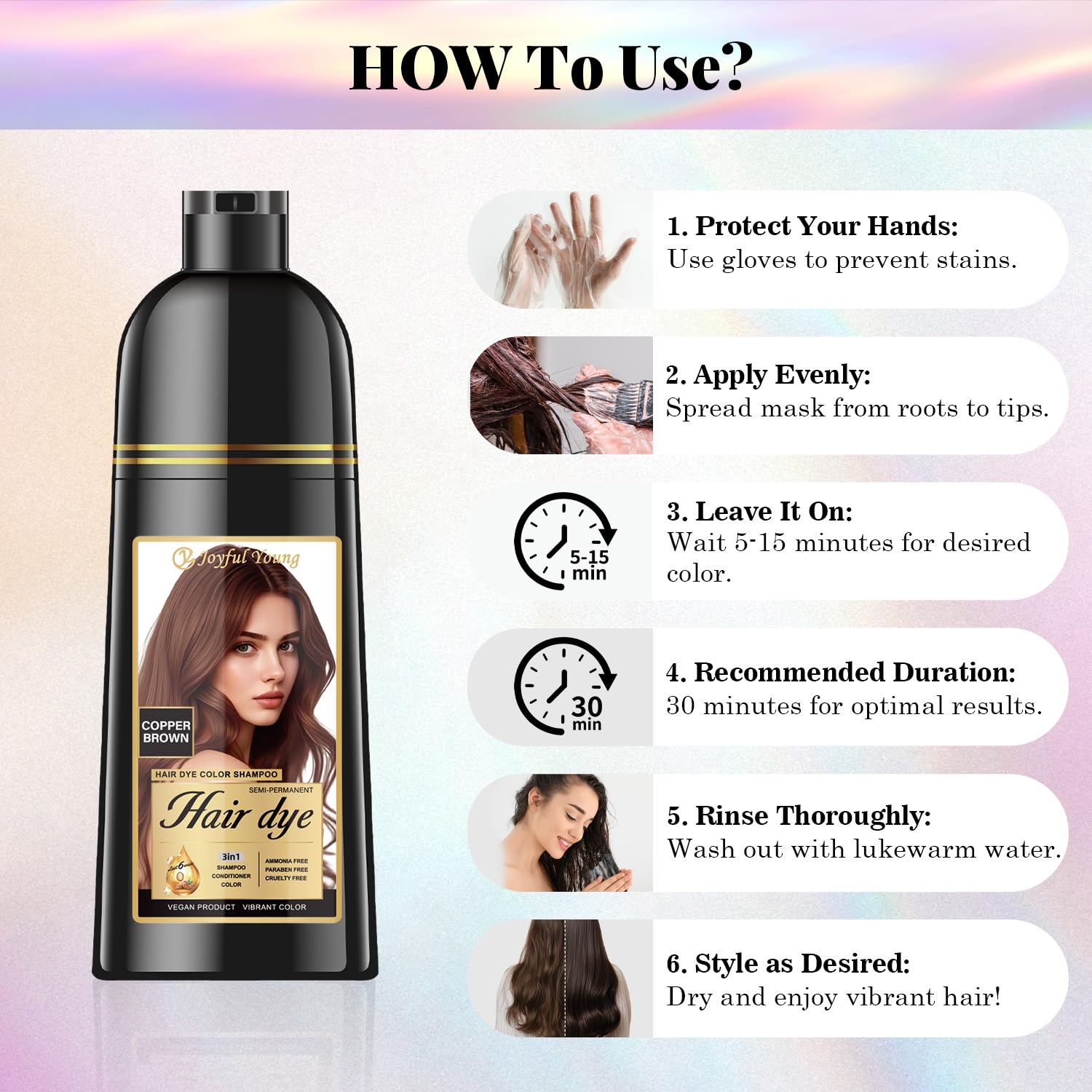 Hair Dye Shampoo 3-in-1, Copper Brown Semi-Permanent Gray Hair Coverage, Color Depositing Shampoo for Women & Men, Vegan, Ammonia-Free - Image 4