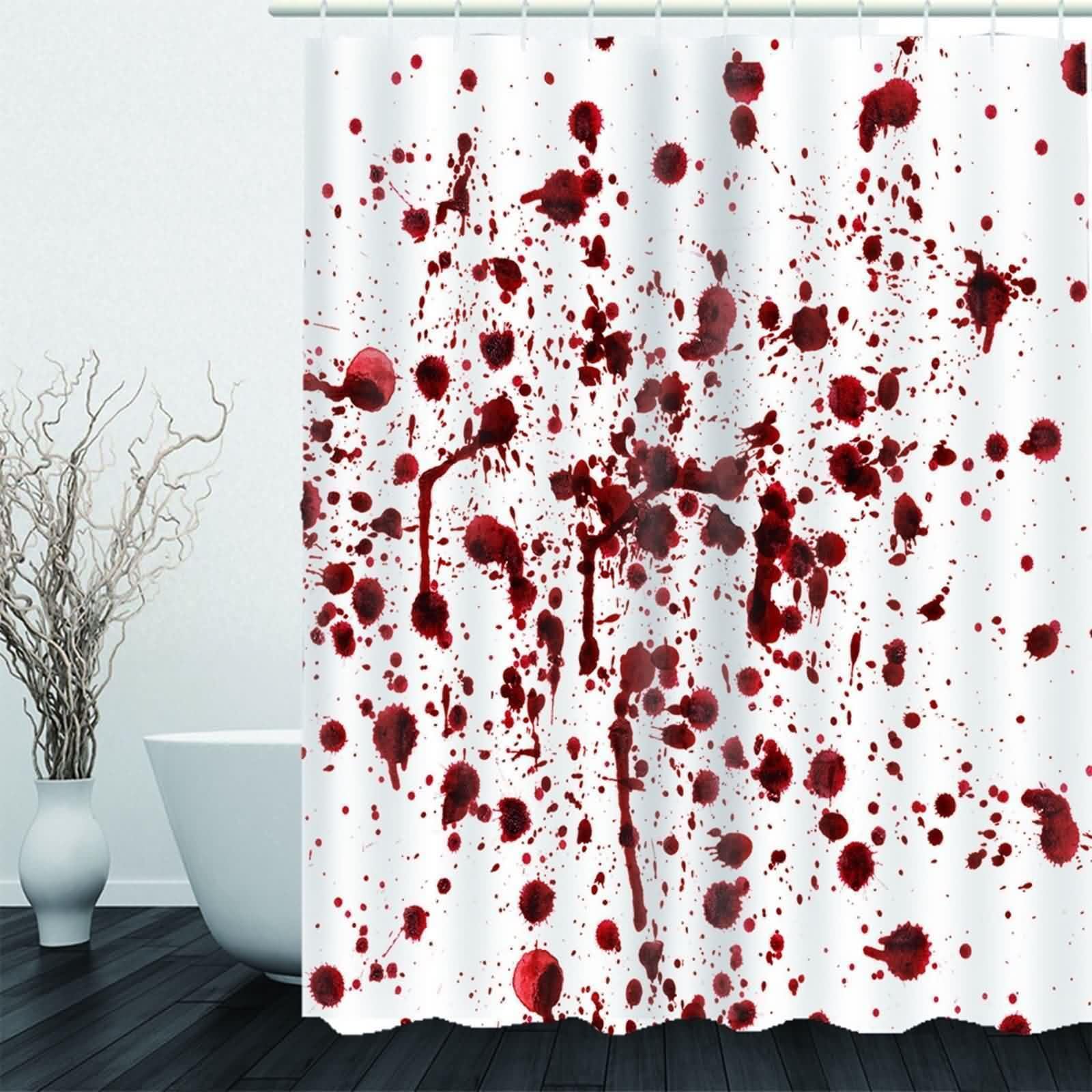 Duschvorhang Textil Rot Weiß, Blut Stain Muster Badvorhang Polyester Anti-Schimmel Schnell Trocknend mit Duschvorhangringen