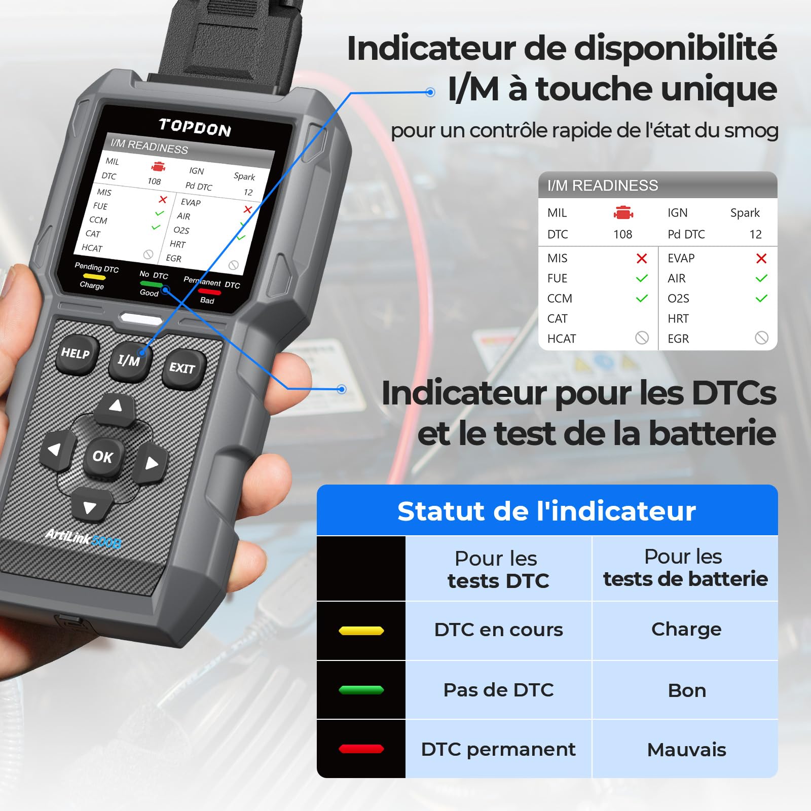 TOPDON ArtiLink500B OBD2 Lecteur de Codes, Testeur de Batterie de Voiture 2 en 1, Fonction OBD2 Complète Automobile 12V Tests de Batterie, 12V/24V Tests de Démarrage/Charge, Mise à Jour Gratuite
