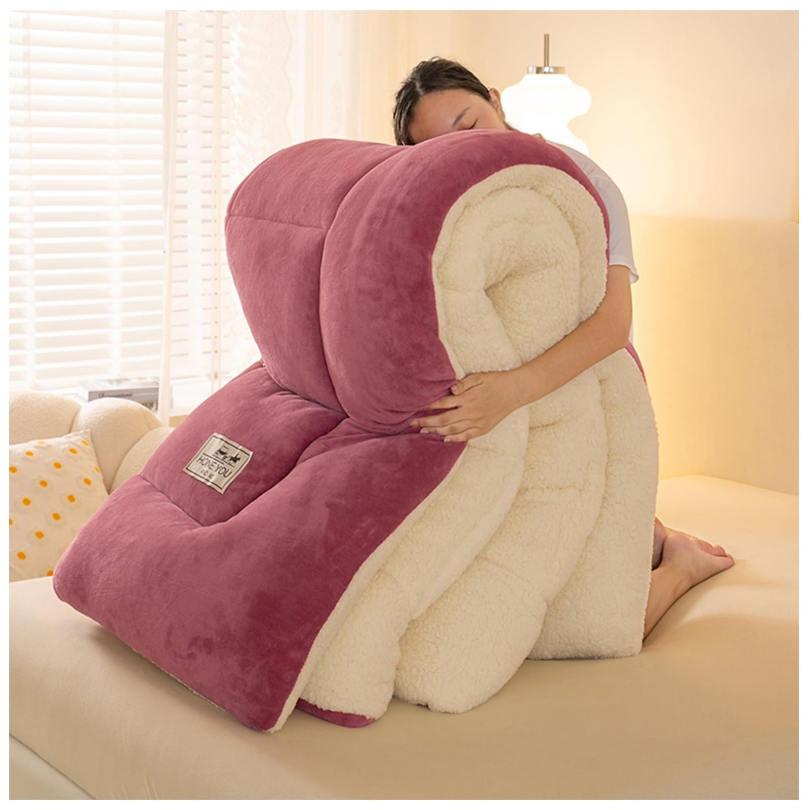 Yjsgnmza Pink Super Soft Warm Lamb Wool Quilt, Thick Fluffy Bedding Fleece Duvet, Thicken Winter Warm Lamb Velvet Comforter, Heavy Blankets For Winter Double Bed(,150X200cm/2Kg)