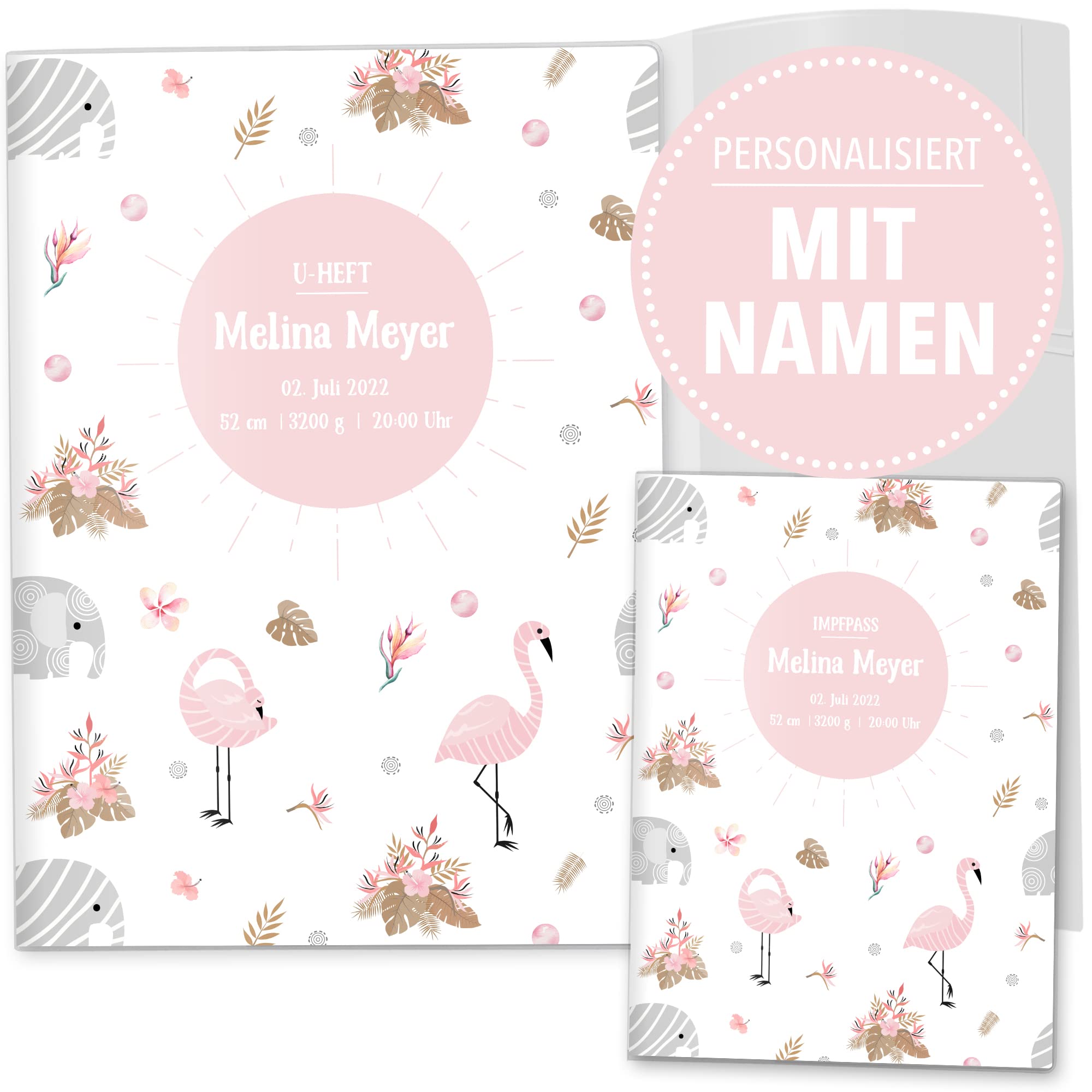OLGS U-Heft und Impfpasshüllen 3-teiliges Set Awesome World | Untersuchungsheft & Impfpass Hüllen mit Namen und Geburtsdatum - Uhefthülle, Impfpasshülle personalisiert, Fantastic Flamingo