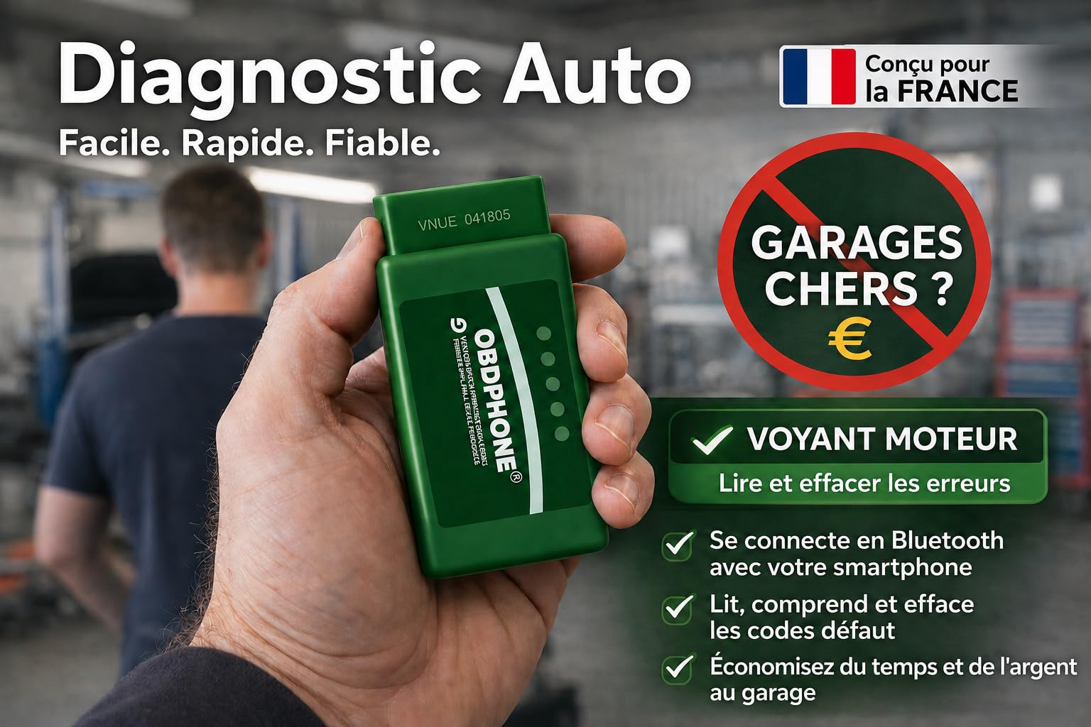 Lecteur OBD2 Bluetooth OBDPhone® - Valise Diagnostic Voiture Multimarque - Lecture & Effacement Codes Défaut Moteur - Données du Moteur en Direct - iOS & Android - Support Français 24/7 + Offre IA