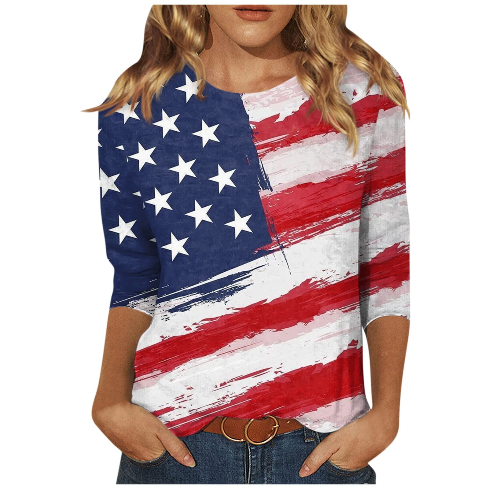 3/4 Sleeve Tops for Women Loose Fitted 2023 Independence Day Round Neck Casual Loose Fit Lightweight Holiday Tshirt