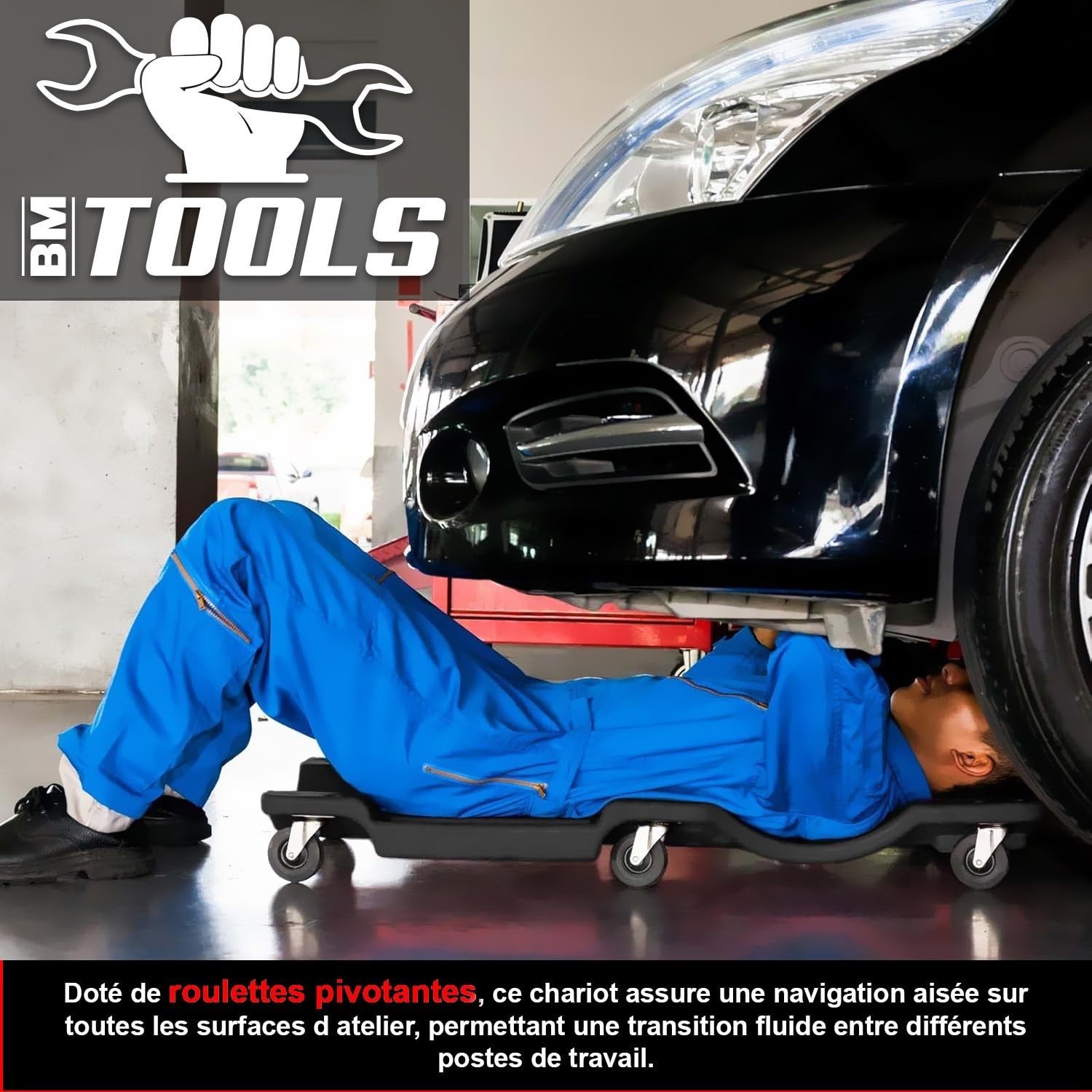 Carro de visita BM TOOLS BMT-ROULETTE Mecánico Garagista, Tabla de trabajo para vaciado de vehículos, 6 ruedas giratorias