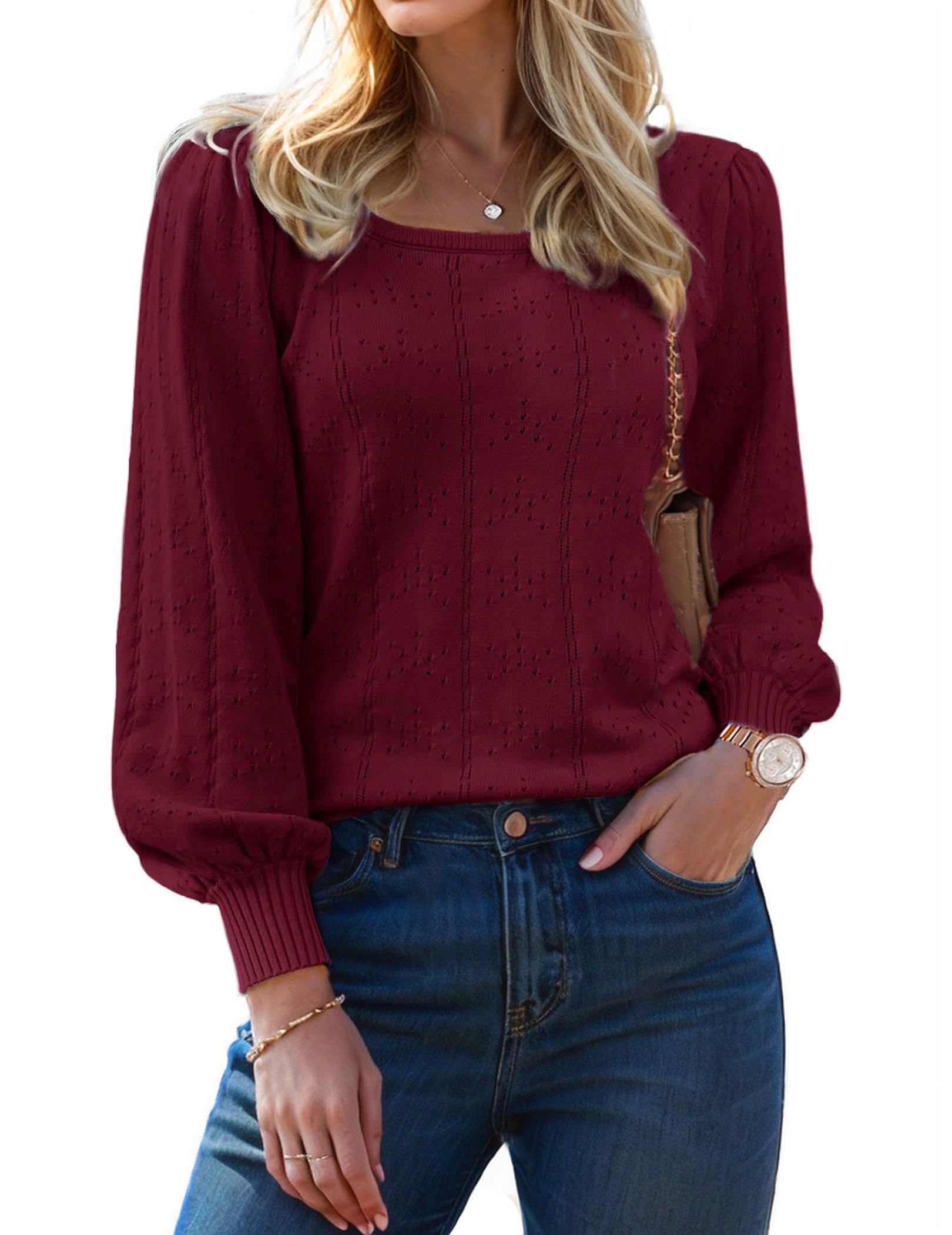 XINWEZZ Womens Sweaters Fall 2024 Casual Puff Long Sleeve Square Neck Cozy Knitted Pullover Sweater Tops Trendy Outfits