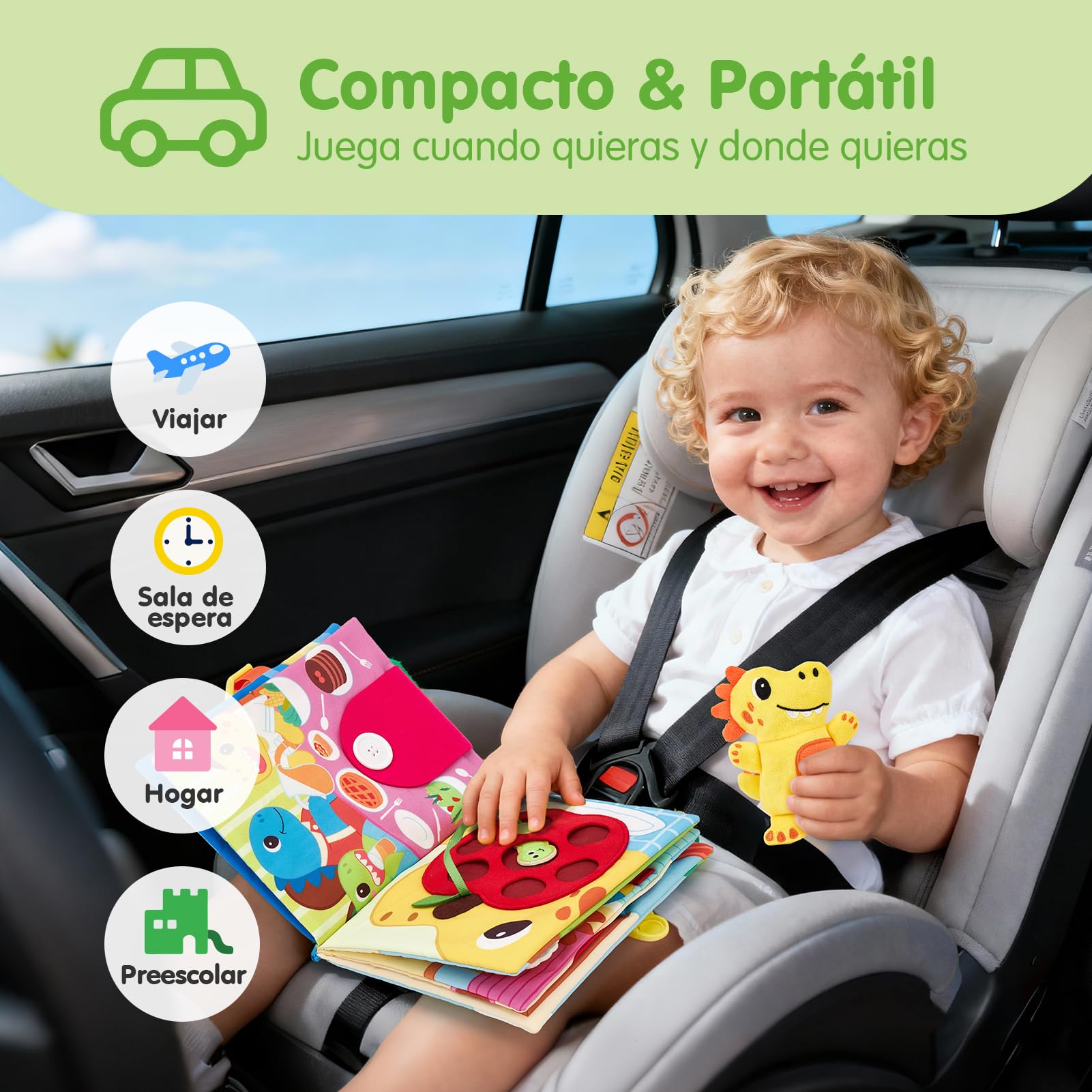 hahaland Libro Montessori 1 año Busy Book - Libro Actividad de Tela Blando, Dinosaurio Interactivo Juguetes Montessori para Bebes 6-12 meses Regalo Educativo 1-3 años