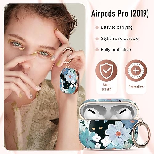 Miniatura 2 de Youskin Funda para Airpods Pro de 1 generación, funda para AirPods Pro con mosquetón de llavero para hombres y mujeres, gato negro, flor de trompeta