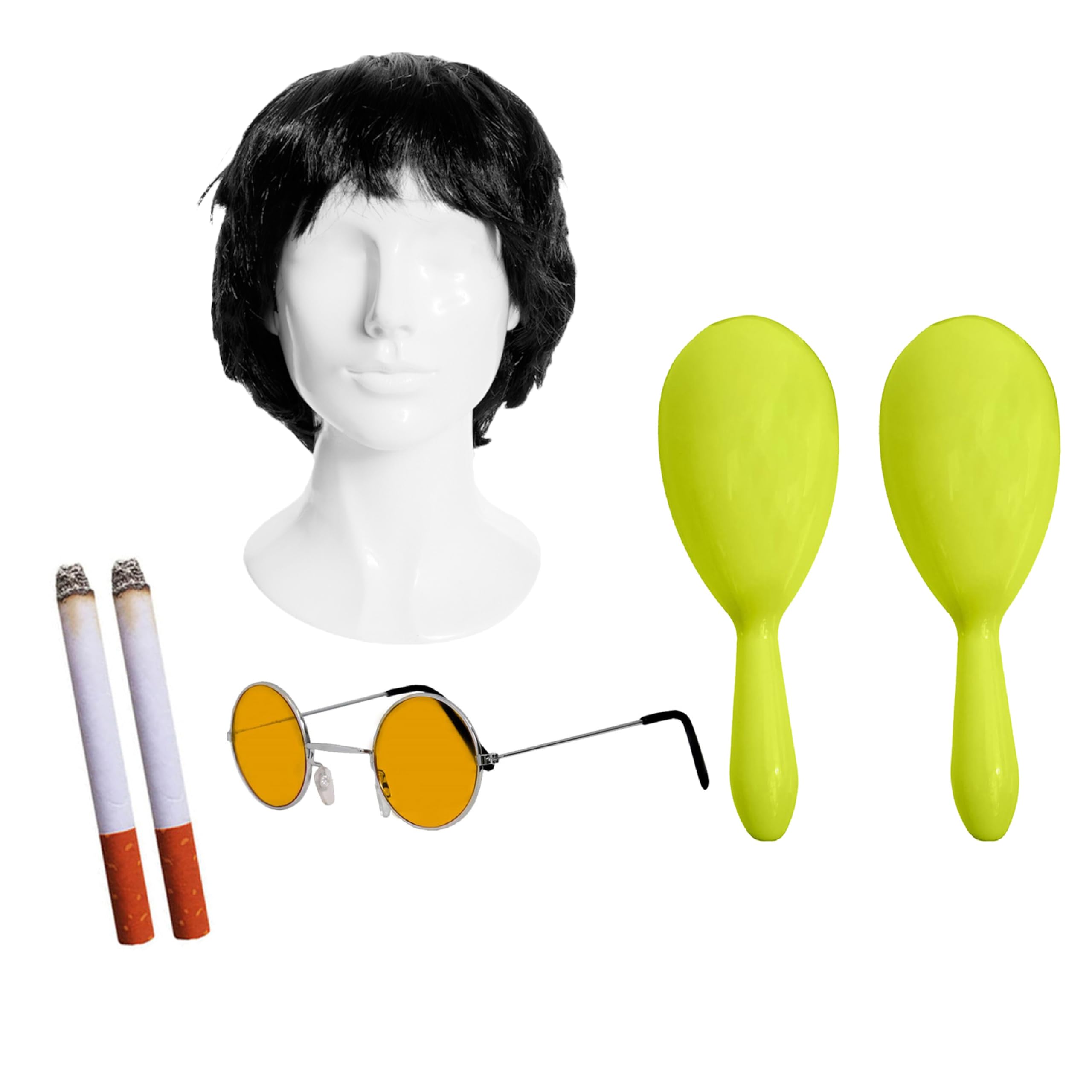 Adults Rock Band Accessory Set - Black Wig, Round Orange Glasses, 2 Yellow Maracas, 2 Fake Cigarettes - Adults 6-Piece Music Best of British Fancy Dress Costume Accessory Set