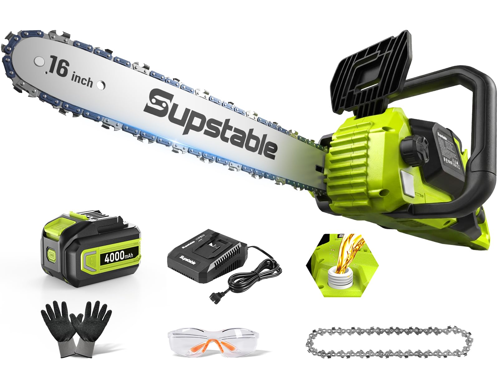 16 Inch Electric Chainsaw Cordless, 2000W Brushless Chainsaw, 4.0Ah Battery &amp; Fast Charger, 40V Electric Chain Saws, Instant Brake, Tool-Free Chain Tension, Auto Oiling for Tree Trimming, Wood Cutting