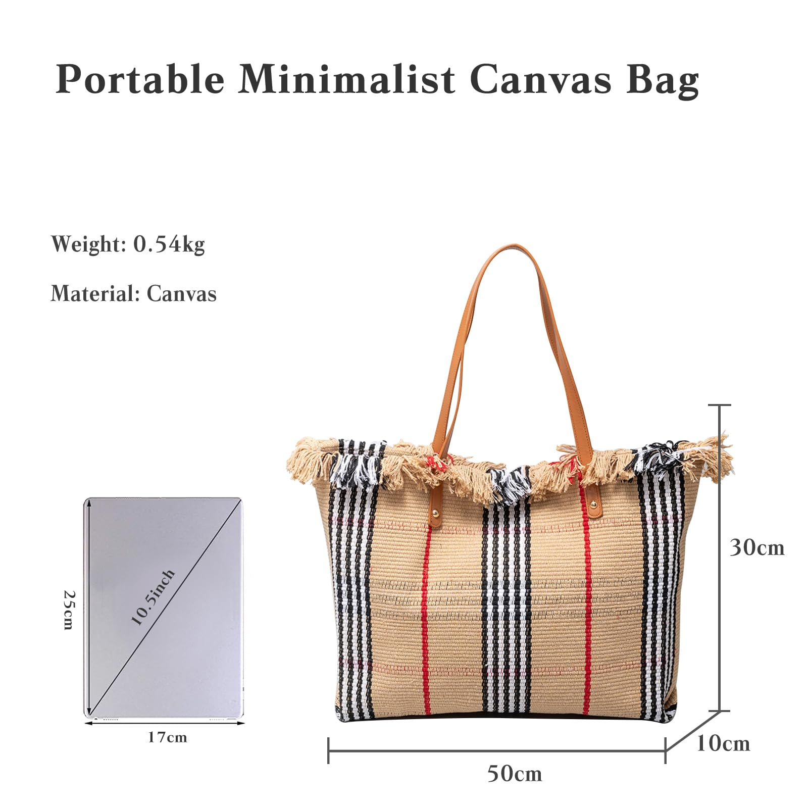 CORIOS Sac à Main Femmes Grande Capacité Sac de Plage Sacs Portés Épaule en Toile Occasionnel Sac Fourre Bohème Sacs Cabas Leicht Sac D'épaule avec Glands pour Plage Vacances Rayures Kaki et Noires