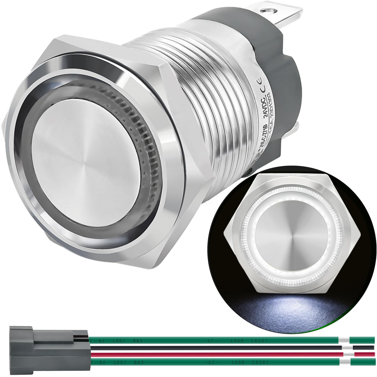 UL Listed 15 Amp Push Button Switch 16mm 0.63" Latching Switche White Waterproof IP67 110V-120V AC/DC 1NO SPST Ring Led Stainless Steel On Off with