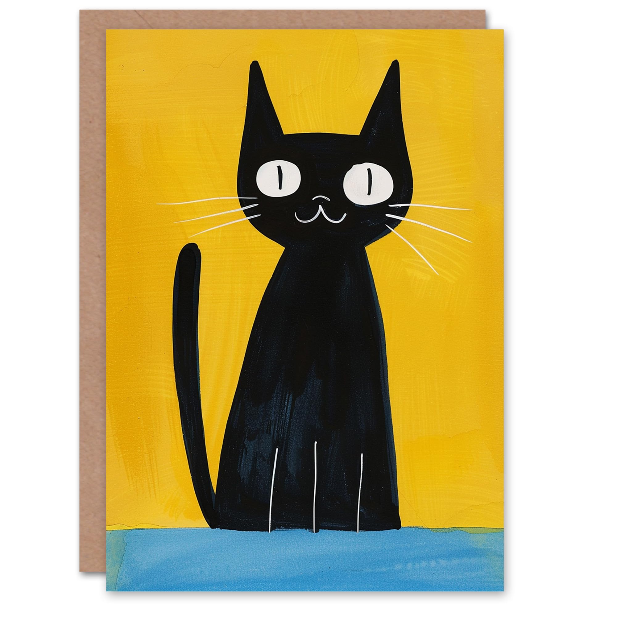 Artery8 Quirky Black Cat Lover Bold Yellow Blue Painting Blank For Him Or Her Art Birthday Card