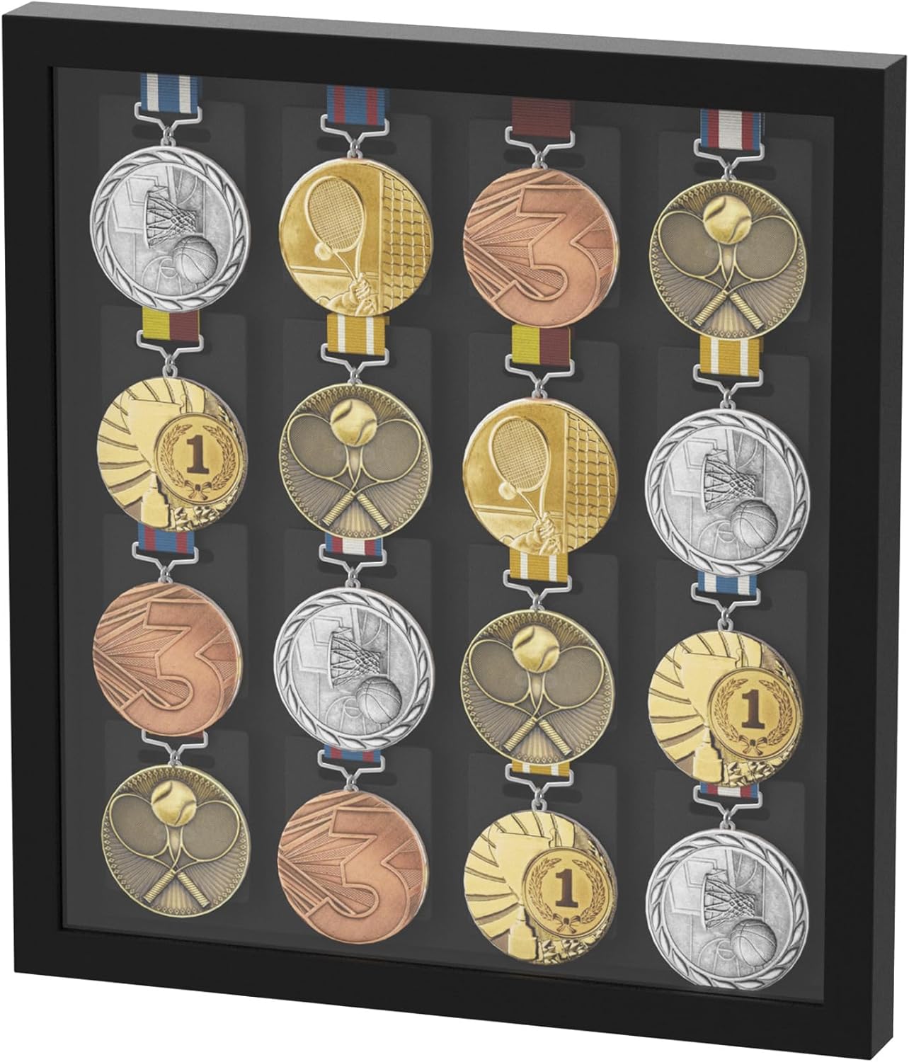 16 Medals Display Shadow Box – 3D Wooden Medal Holder with Glass Cover, 19.1" x 17.52" for Marathon, Triathlon, Soccer, Gymnastics, and More