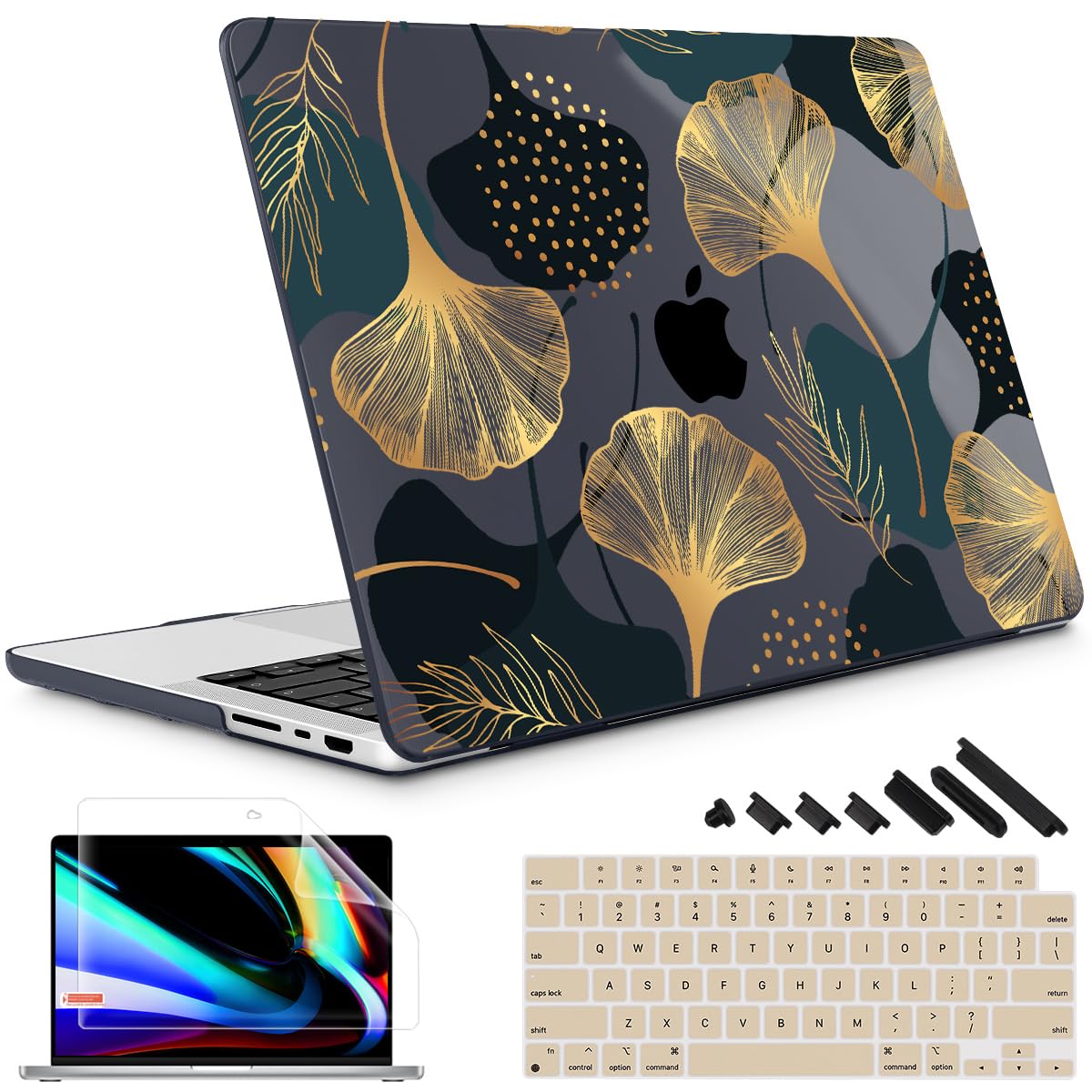 Lepeoacfor MacBook Pro 16 Inch 2023 2022 2021 Case M2 A2780 / M1 A2485 Pro/Max Chip, Plastic Hard Shell Case with Keyboard Cover for MacBook Pro 16.2 with Touch ID - Golden Gingko Leaf