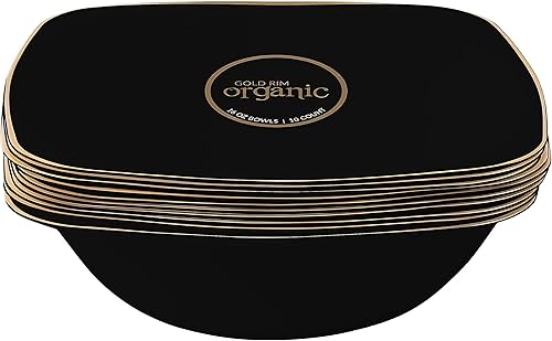 Miniatura 5 de Blue Sky Cuencos cuadrados orgánicos negros con borde dorado, platos de plástico desechables de 16 onzas (10 unidades)  Vajilla elegante y