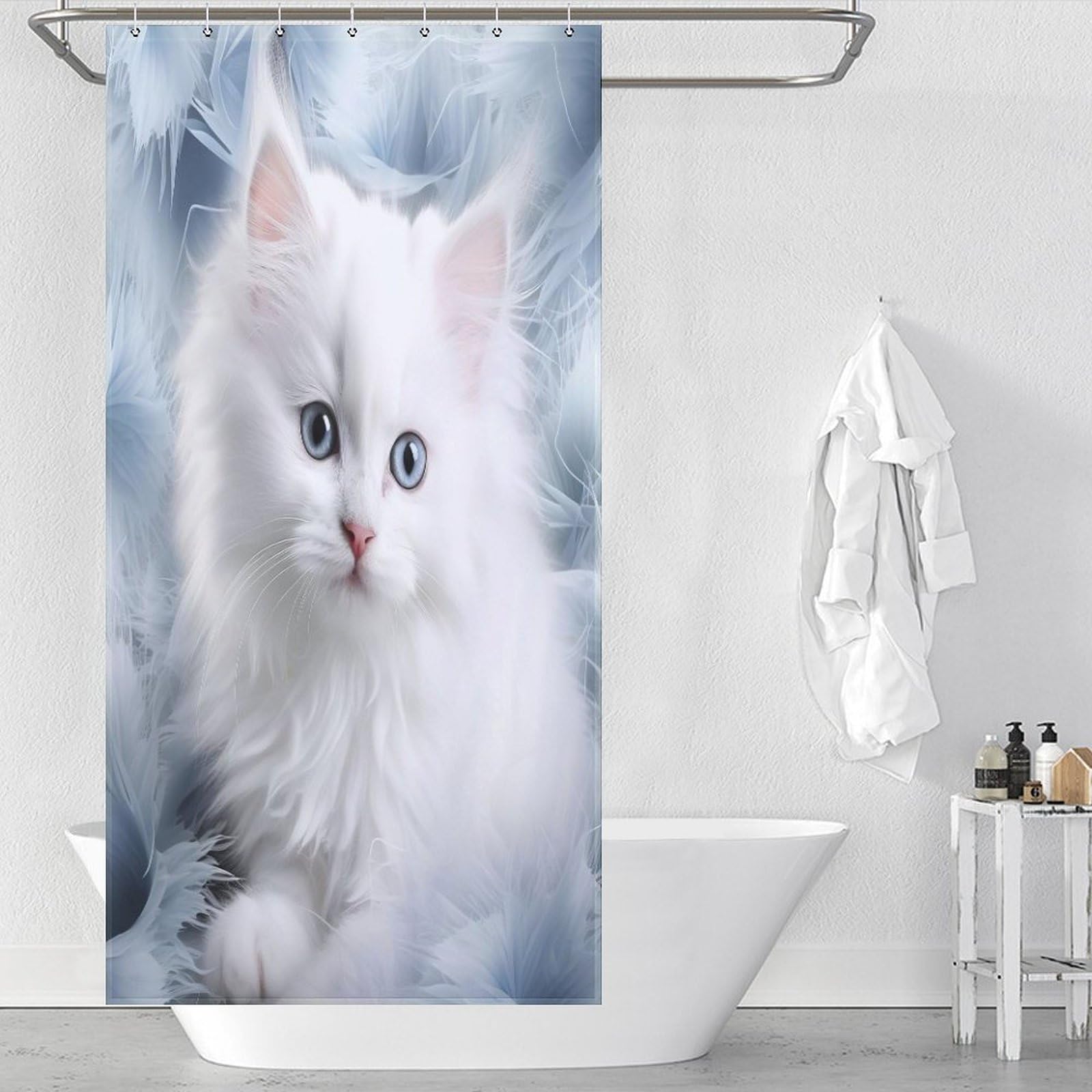 Rideau de douche chat lavable en polyester imperméable pour baignoire 12 crochets 36x72