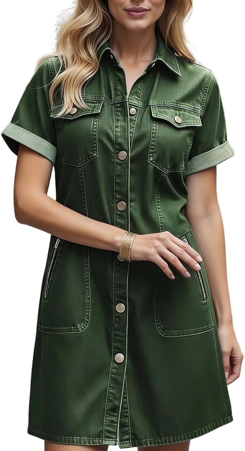 Denim Dress for Women Button Down Jean Dress Short Sleeve Casual 2026 Summer Jean Shirt Dresses with Pockets