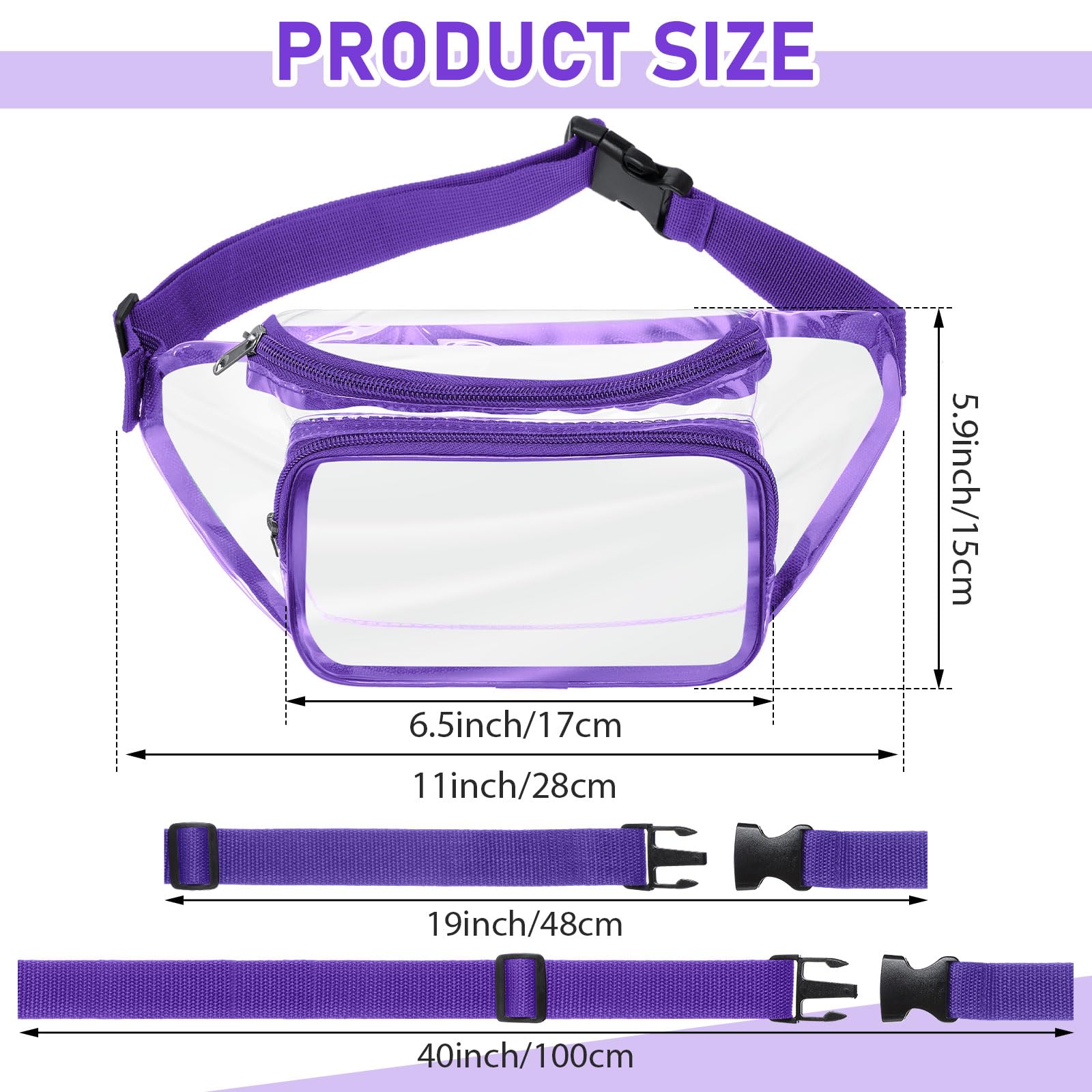 Reginary 24 transparente Bauchtaschen für Damen und Herren, Bauchtasche, Stadiongenehmigt, transparente Tasche, wasserdicht, Geldbörse, verstellbare Gürteltasche für Festivals, Spiele, Reisen, Violett