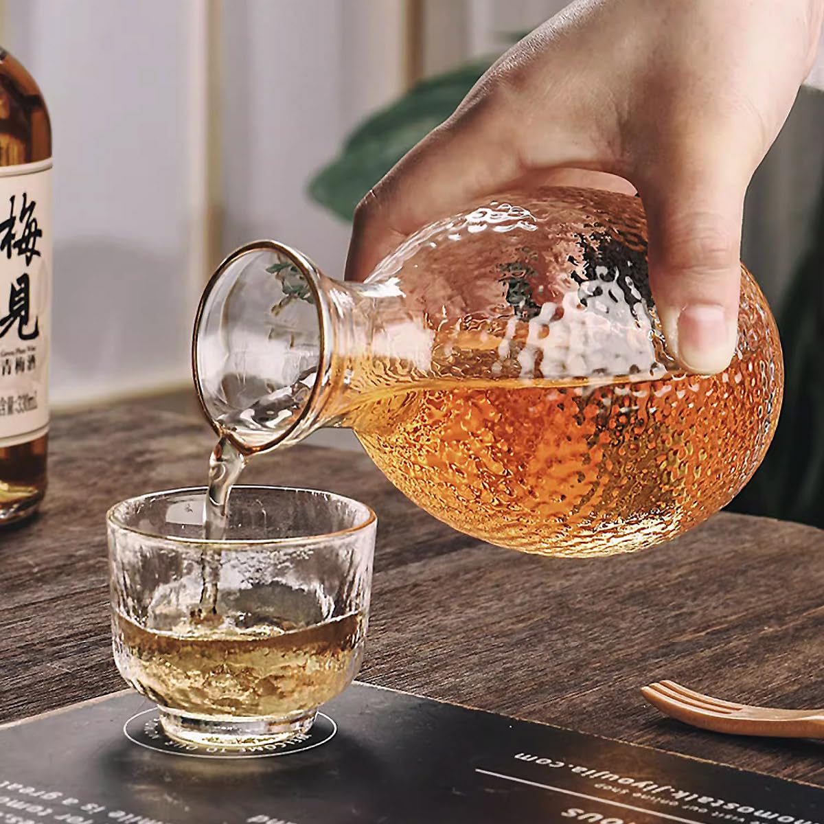 Set di sake giapponese, in vetro, 6 pezzi, con caraffa e ciotola di conservazione calda, servizio di ciotole per sake