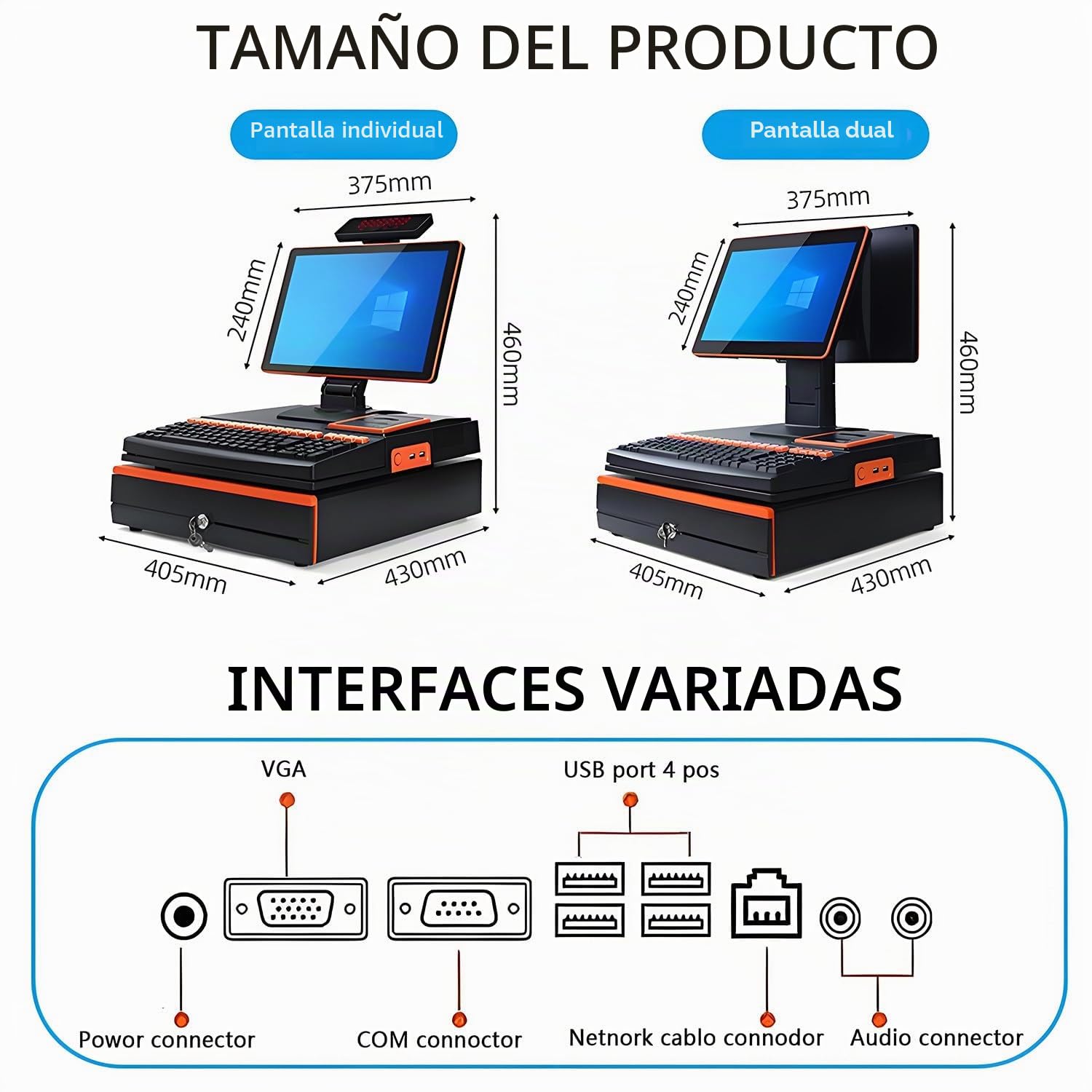 Pantalla táctil de 15,6 pulgadas, caja registradora, teclado, impresora integrada de 58 mm, ordenador TPV, punto de venta para fábricas, caja registradora para empresas y negocios White-SingleScreen