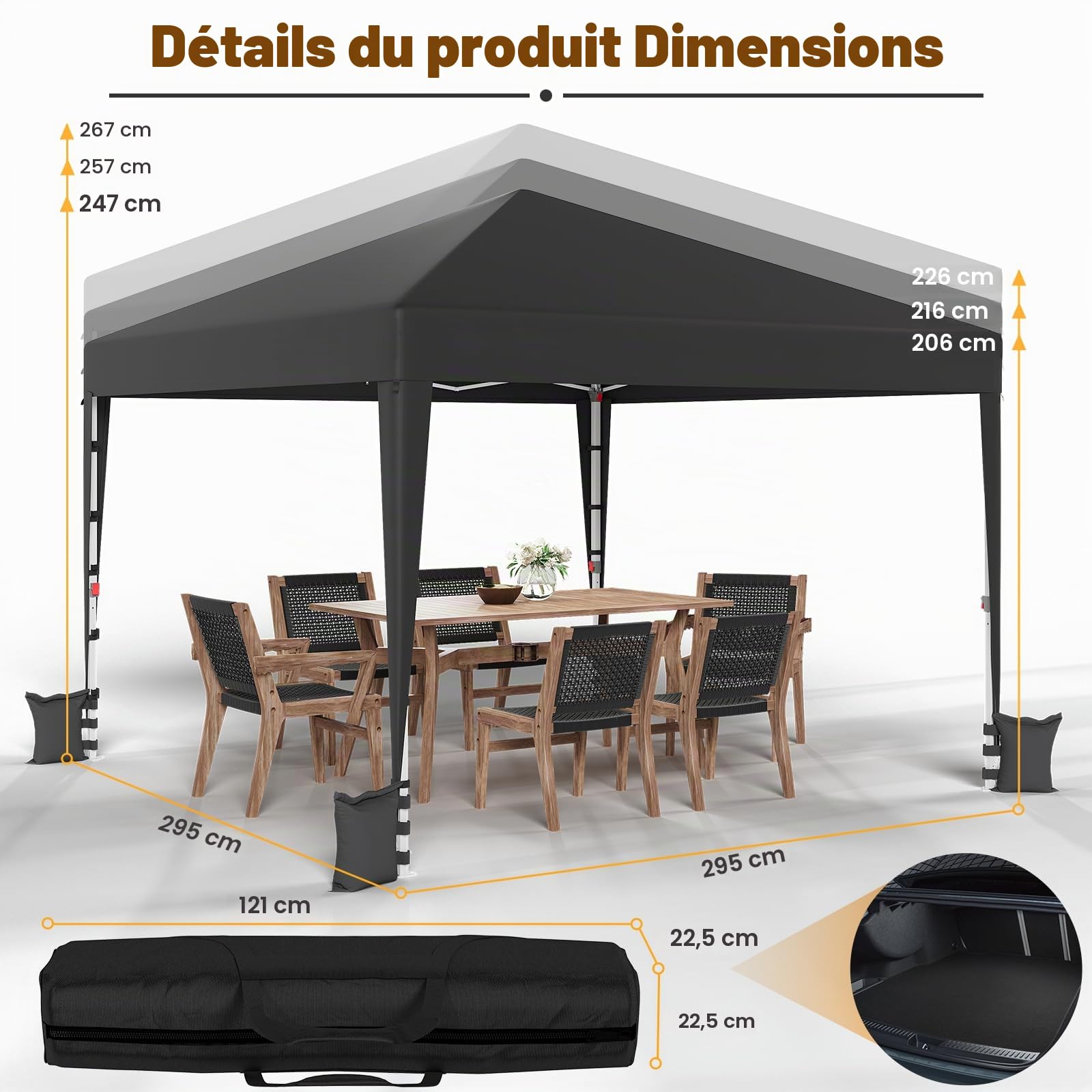 JUMMICO Tonnelle Pliante 3x3 imperméable, Hauteur Réglable, Toile Épaisse avec Fermeture Velcro, Structure Robuste, Protection Anti-UV, Idéale pour Camping, Jardin et Plus Encore, Gris