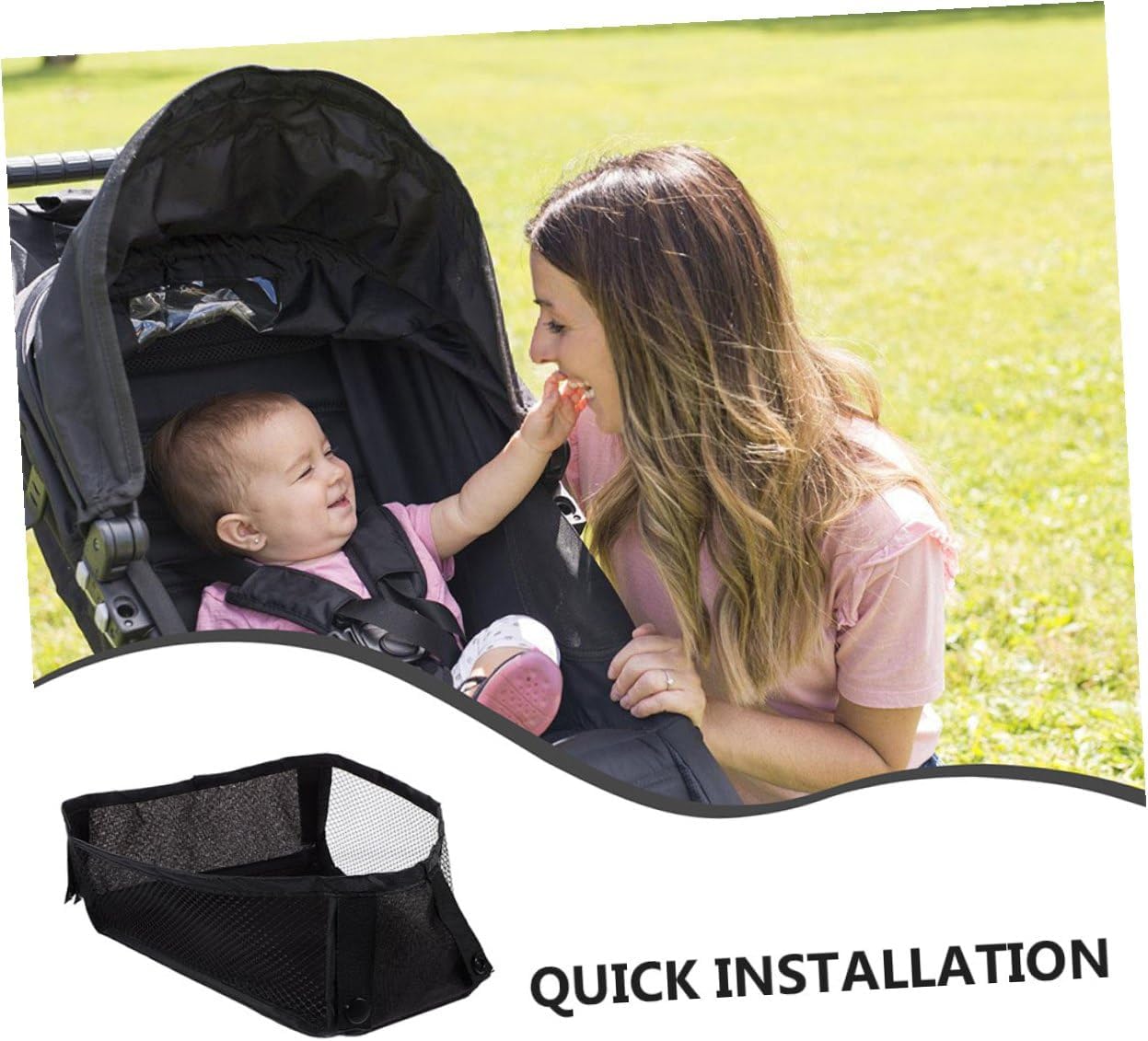 2pcs Stroller Organizer Mesh Hanging Bags with Oxford Cloth Board, Stroller Diaper Bag and Snack Storage, Bottom Cargo Net Pouch for Essentials