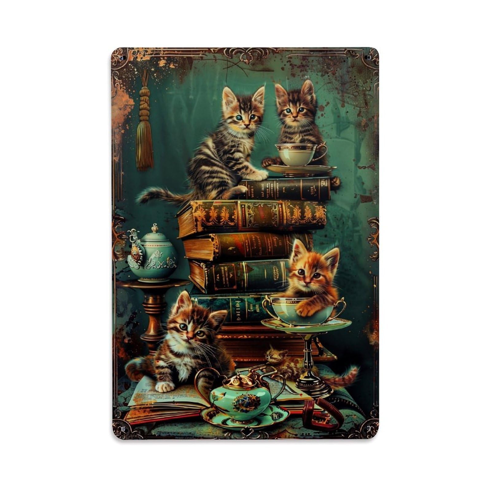 Jdfenggu Vintage Cute Kittens On Books Retro Metal Tin Sign, Metal Poster For Bar, Home, Man Cave, Kitchen, Laundry Room Art Decor 8X12 Inch