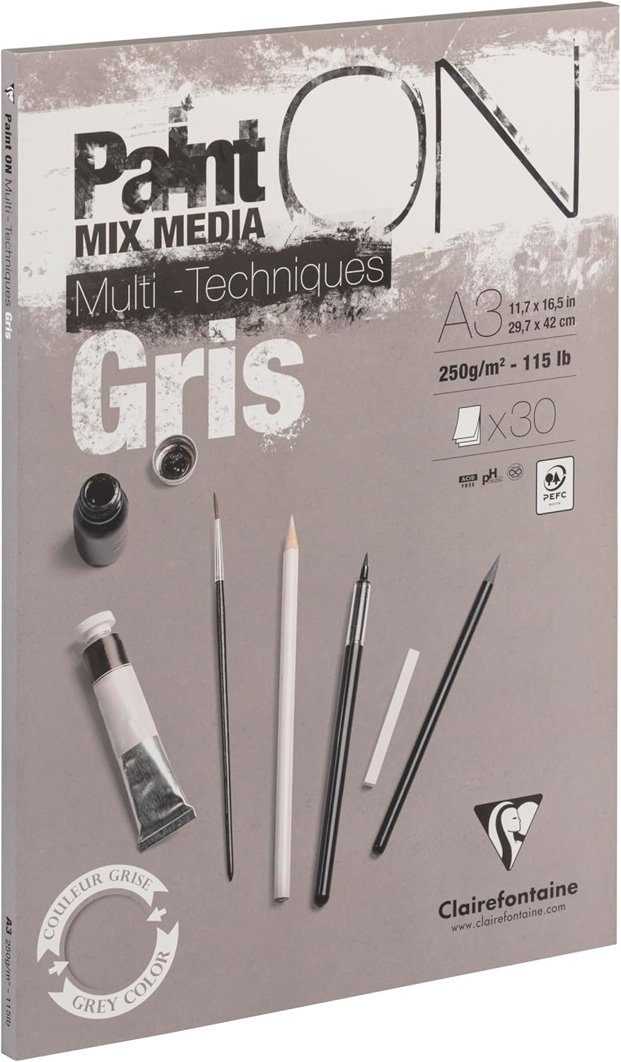 Clairefontaine Paint'ON Grey Paper Pad, 250 g, A3, 30 Sheets