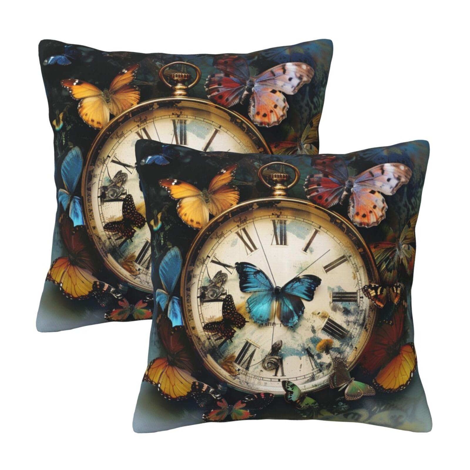 Butterfly clocks Throw Pillow Cases 2 Pack Square Pillowcases Soft Pillow Protectors for Couch Livingroom Sofa Bed Office Car,50x50 CM