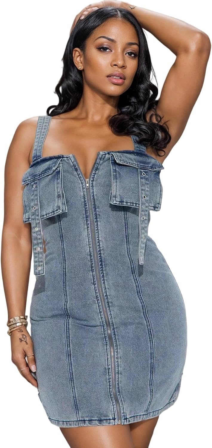 Tbahhir Women's Denim Mini Dress Sexy Sleeveless Strap Bodycon Short Jean Dresses with Cargo Pockets Club Party