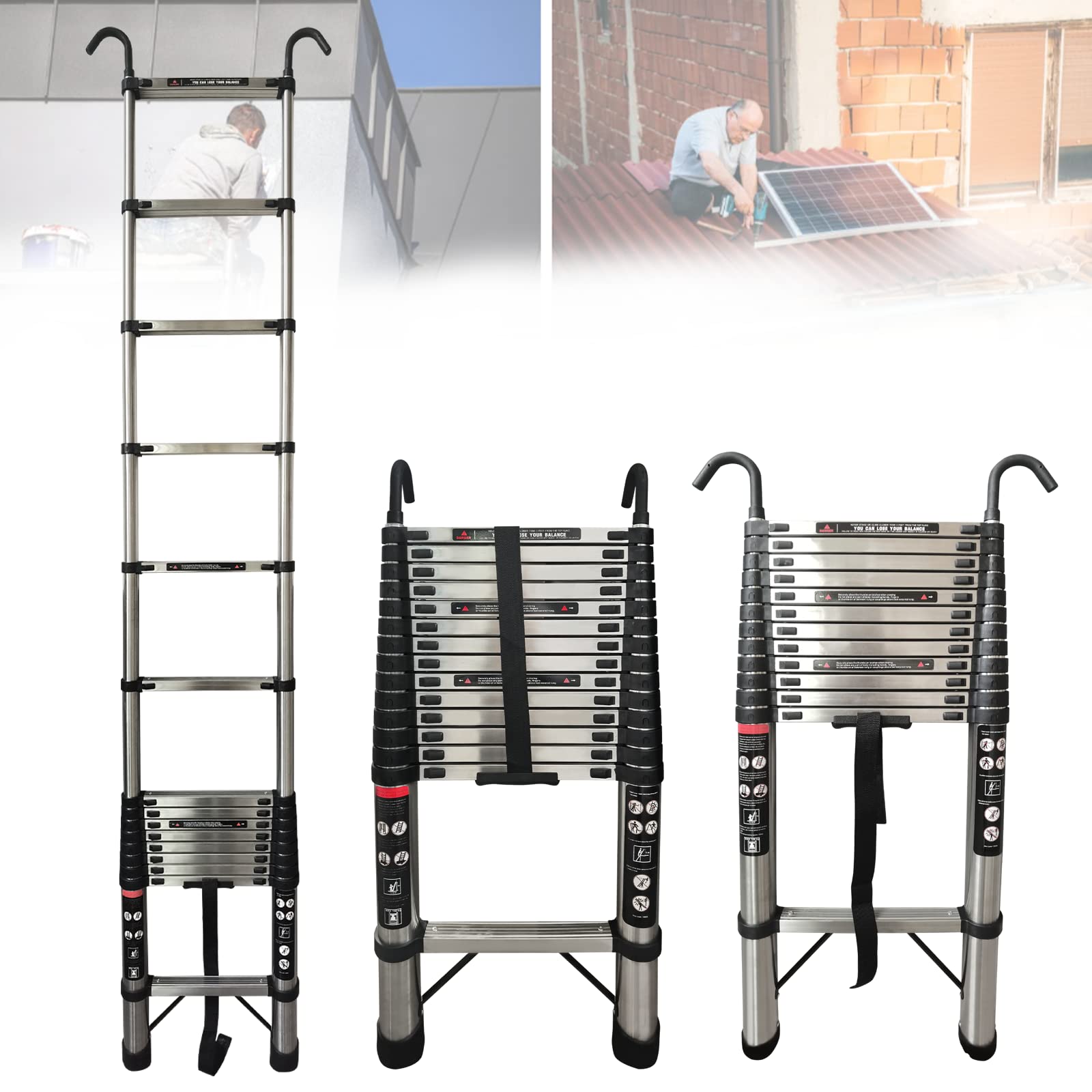 Vicky Home 4.4M Stainless Steel Telescopic Ladder, Folding Extension Ladder with Hooks for Household Outdoor Working, Multi Purpose Extendable Loft Ladder Portable Folding Ladder