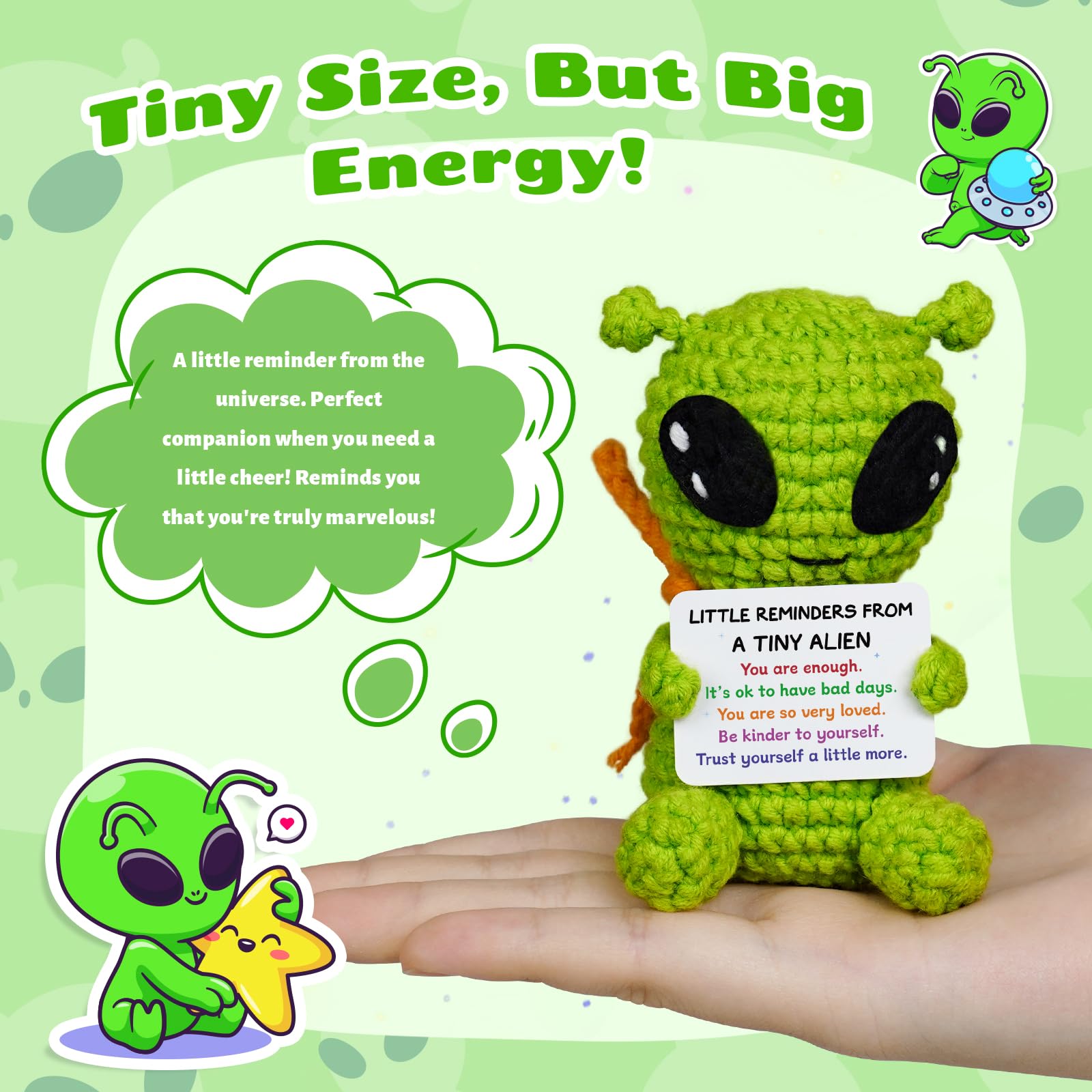 Funny Positive Crochet Alien, Birthday Gifts for Women Men, Cute Gag Handmade Emotional Support Alien Plush Decor, Unique Graduation Inspirational Gifts for Him Her Son Coworker Friend