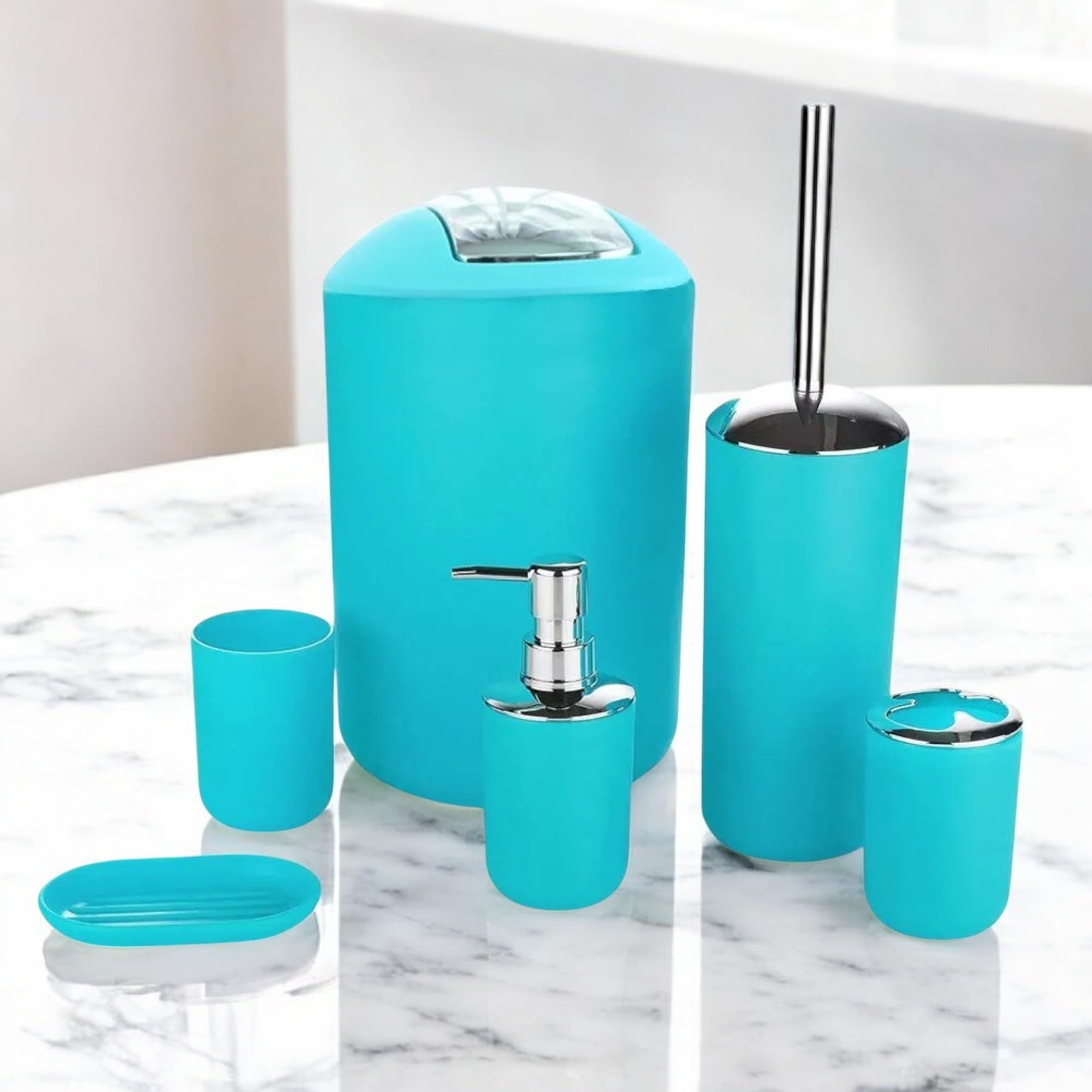 6-teiliges Badset Hellblau - Komplett Set Mit Seifenspender & WC-Bürste